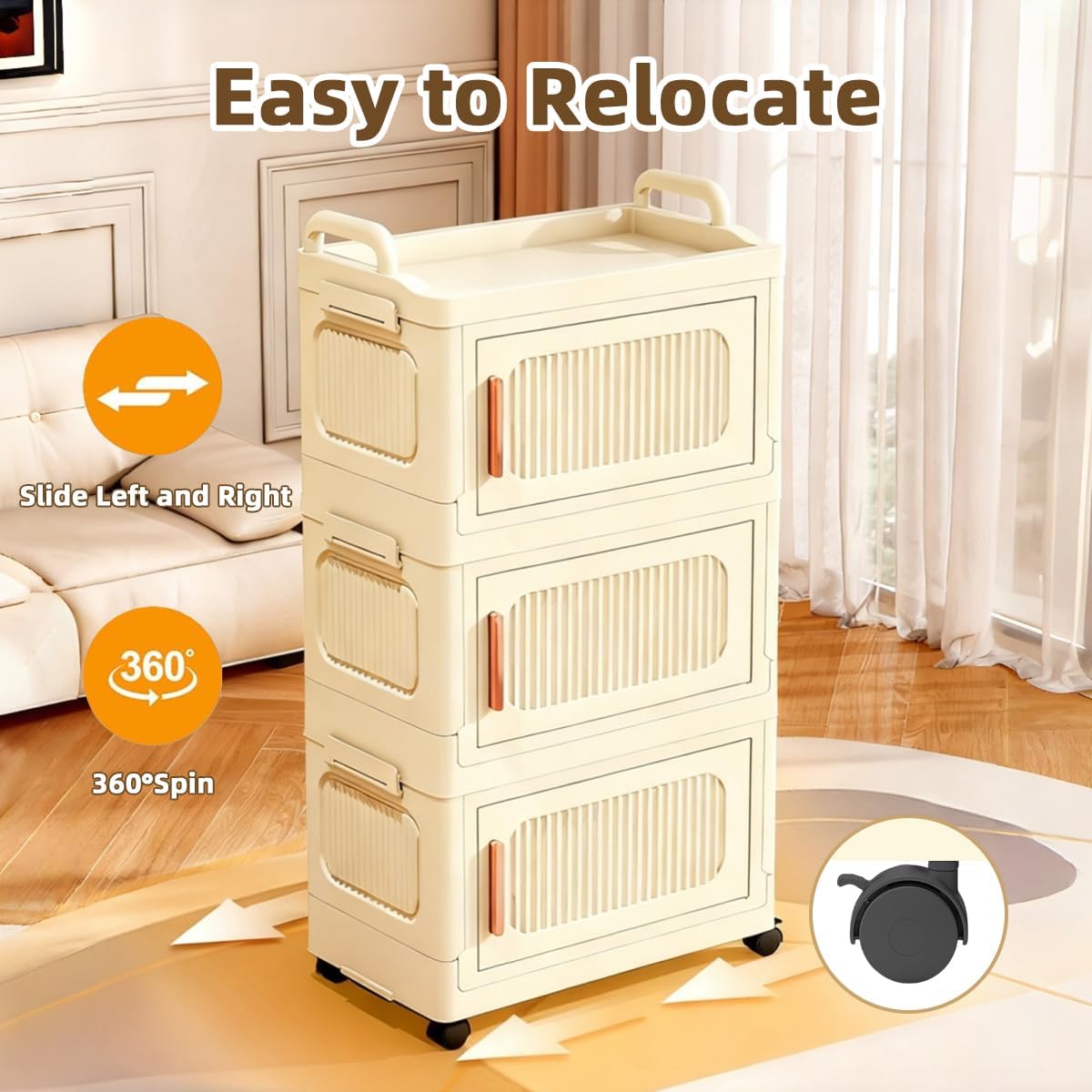 5-Tier Foldable Storage Cabinet with Wheels & Magnetic Doors, Heavy-Duty 23 QT Stackable Storage Bin Organizer, Rolling Cart for Kitchen, Pantry, Dorm