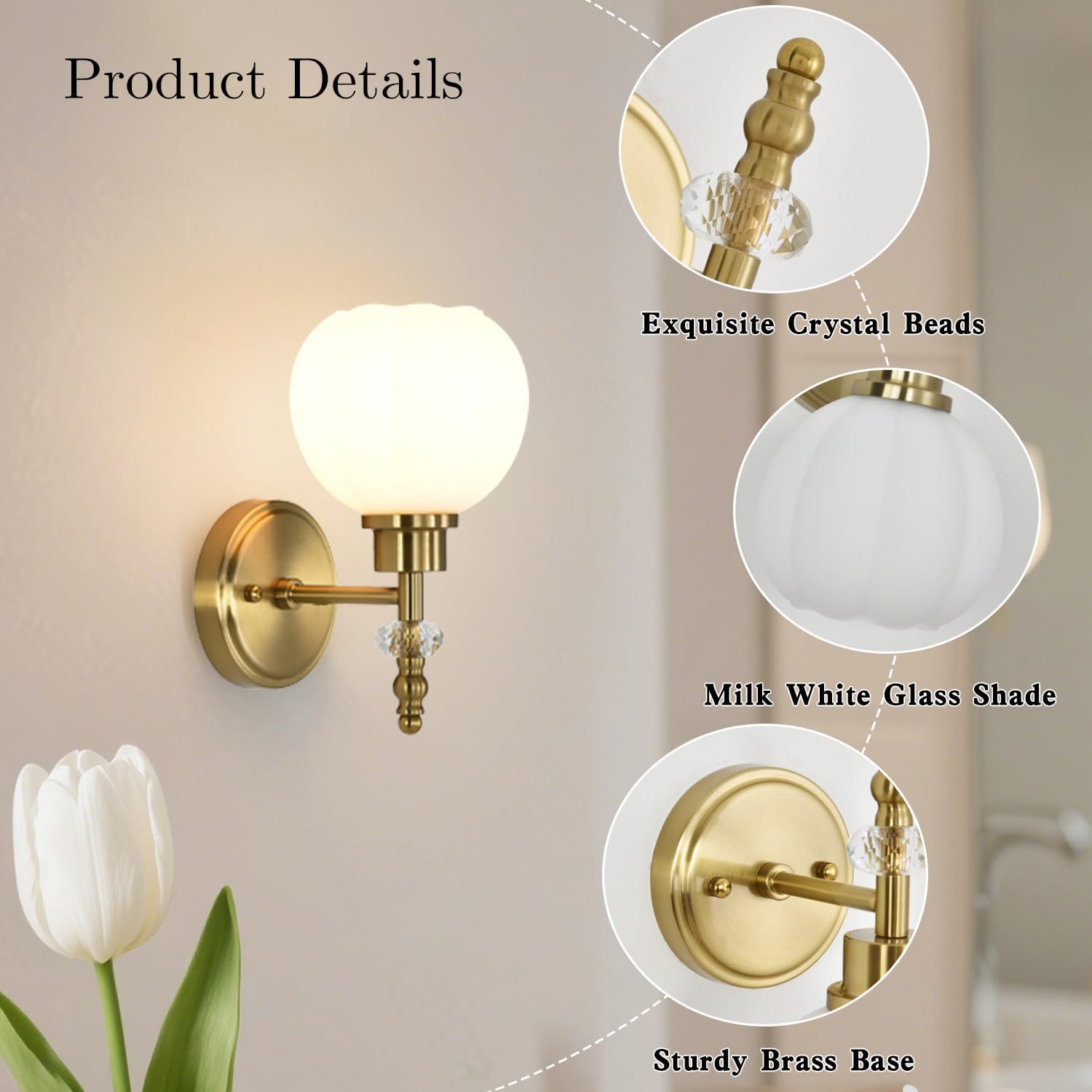 Vintage Milk Glass Wall Sconces Set of 2, Brushed Gold Hardwired Flower Wall Lamps for Bedroom Bathroom Living Room Hallway, E26 Base Bedside wall Sconce （Not Included Bulbs）