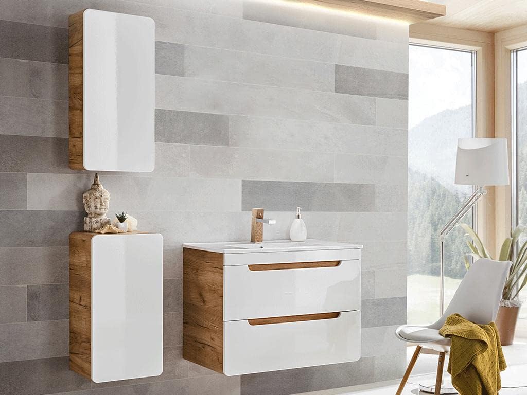Bathroom scene with Vente-unique ARUBA cabinets installed