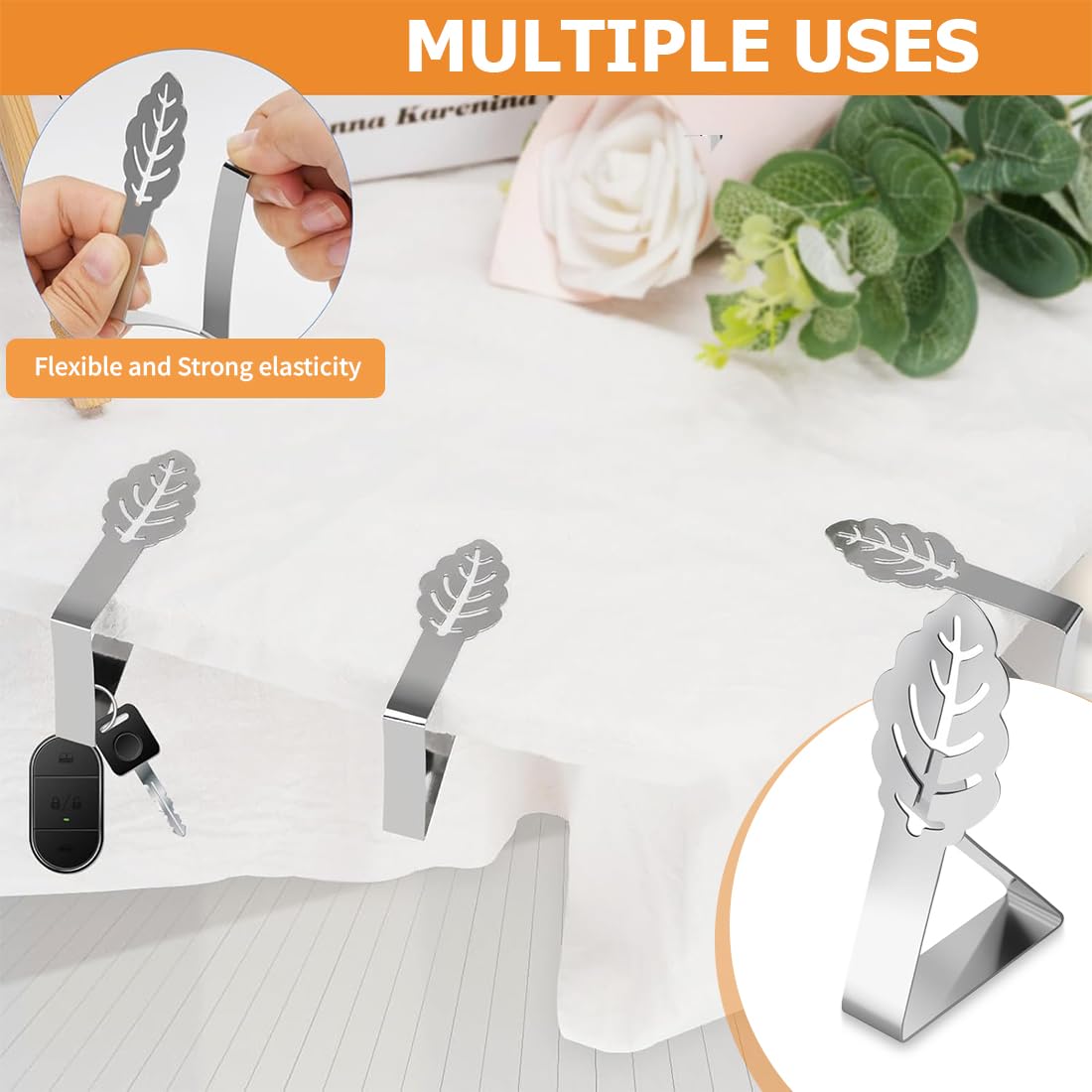 Pinces pour Nappe décoratives en Acier Inoxydable, Clips Anti-Glissant, Extérieur, Pique-Nique, Barbecue, Mariage, Fête (10 Pièces, Feuilles)