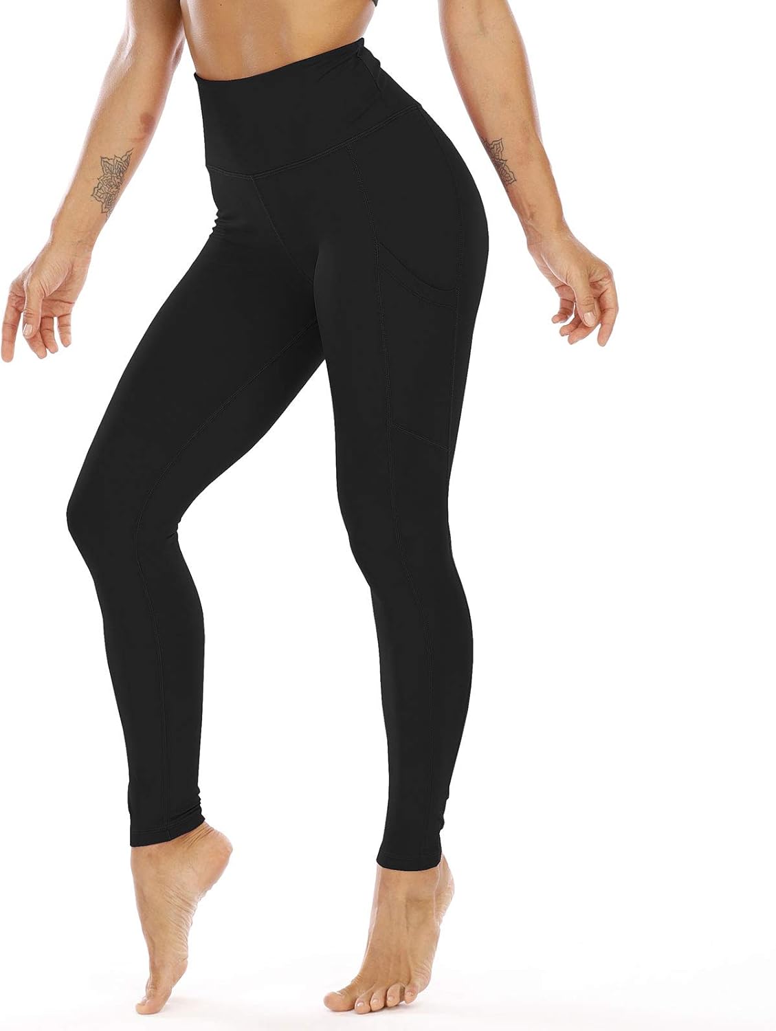 High Waisted Tummy Control Yoga Pants with Pockets for Women, Four Way Stretch Workout Leggings Black