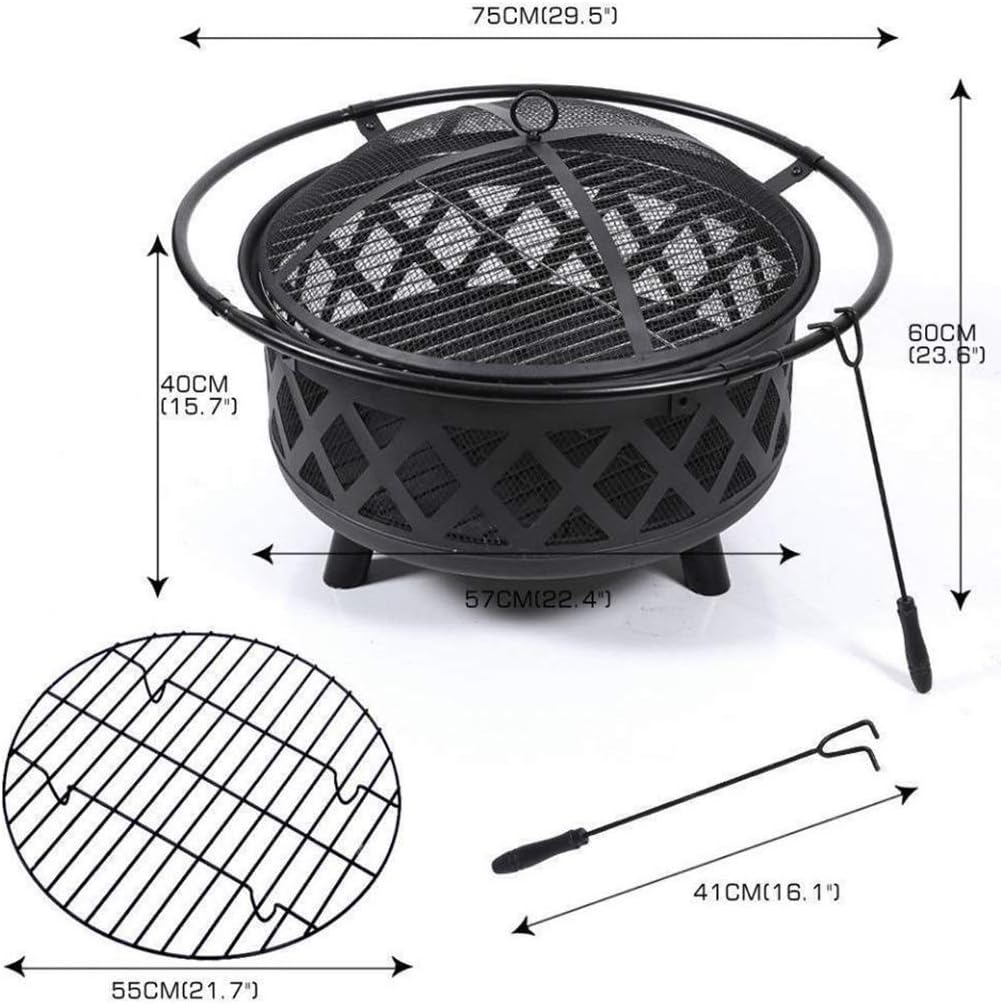 Garden Fire Pit Grill Bowl Grill Barbecue Rack Outdoor Fire Pit,Garden Light Fire Pit Large Bonfire Wood Burning Patio & Backyard Firepit-Outside with Spark Screen Poker Round Fireplace Cover