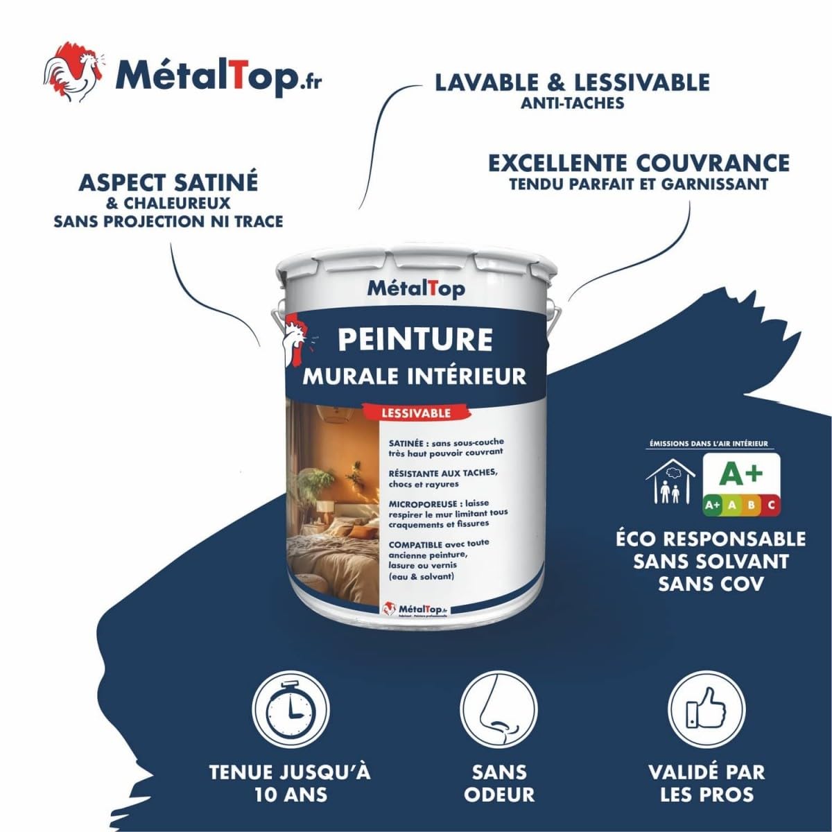 Metaltop - Peinture Murale Interieur - Vert mousse - RAL 6005-5 L - Haute couvrance pour murs en plâtre, placo et béton, rénovation rapide.