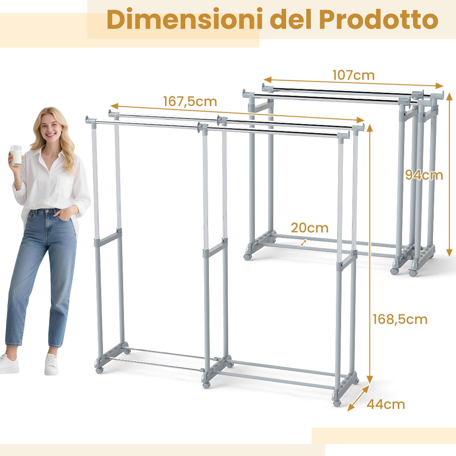 RELAX4LIFE Stand Appendiabiti con Ruote, Doppia Asta in Metallo con Altezza o Larghezza Regolabile, 4/6 Ruote Girevoli con 2 Bloccabili, Appendiabiti Robusto e Portatile per Lavanderia (Stile1)