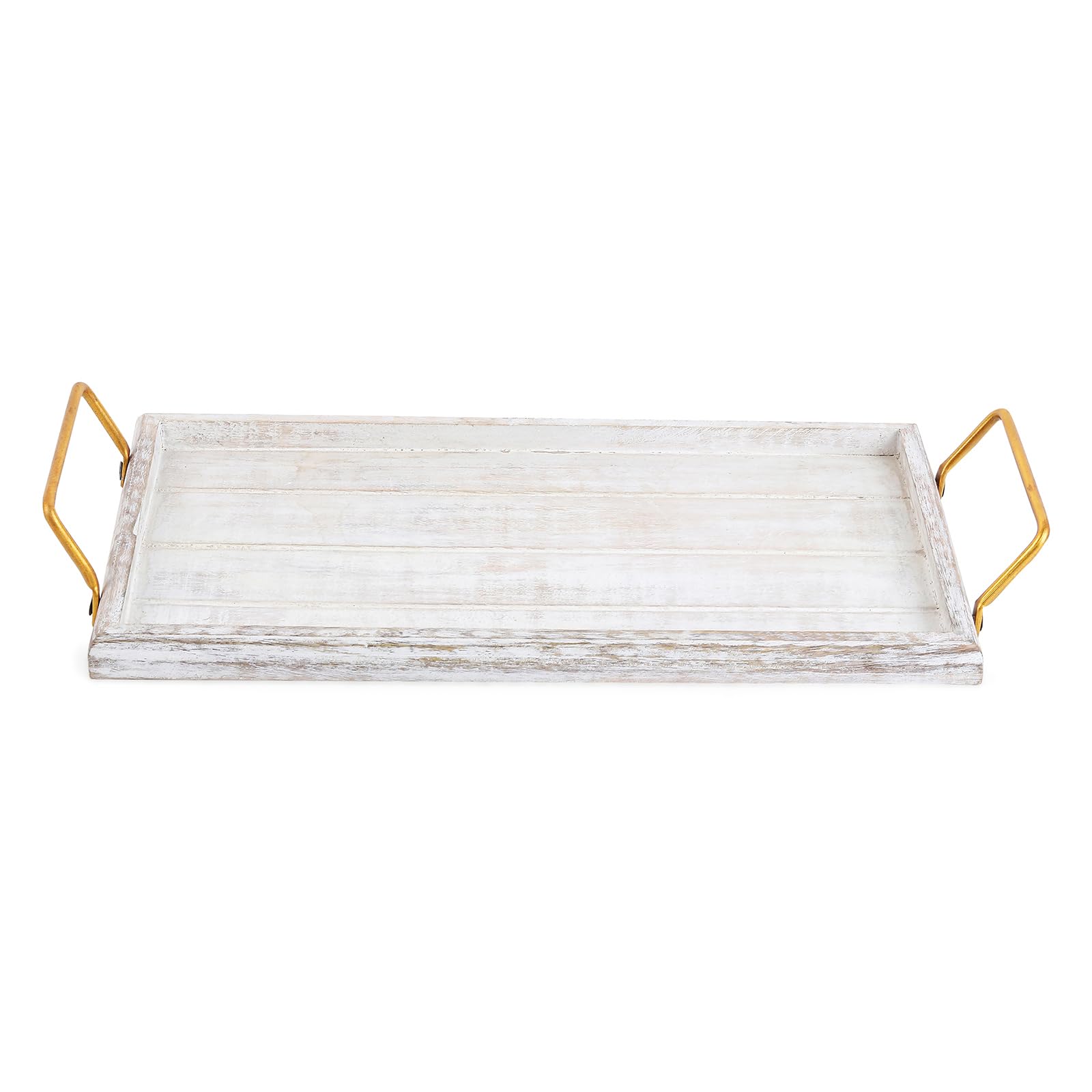 Mar's Rustic Vintage Wood Serving Tray with Metal Handles | Distressed White | 14X7X2 Cm