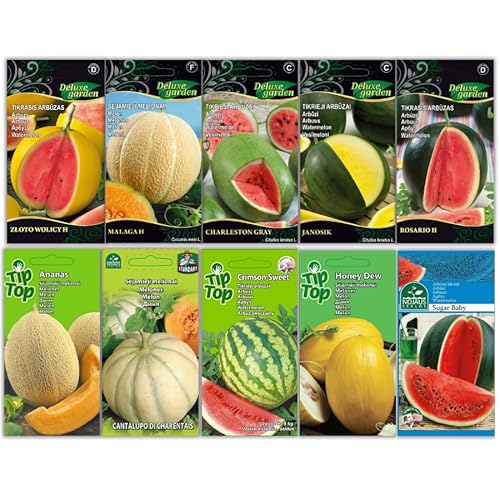 Nojus - Wassermelonen und Melonen Sammlung 10 Sorten von Früchtesamen: Sugar Baby, Crimson Sweet, Honey Dew, Cantaloupe - Melone & Wassermelone Samen - Ziehen Sie Wassermelone & Melonen selbst