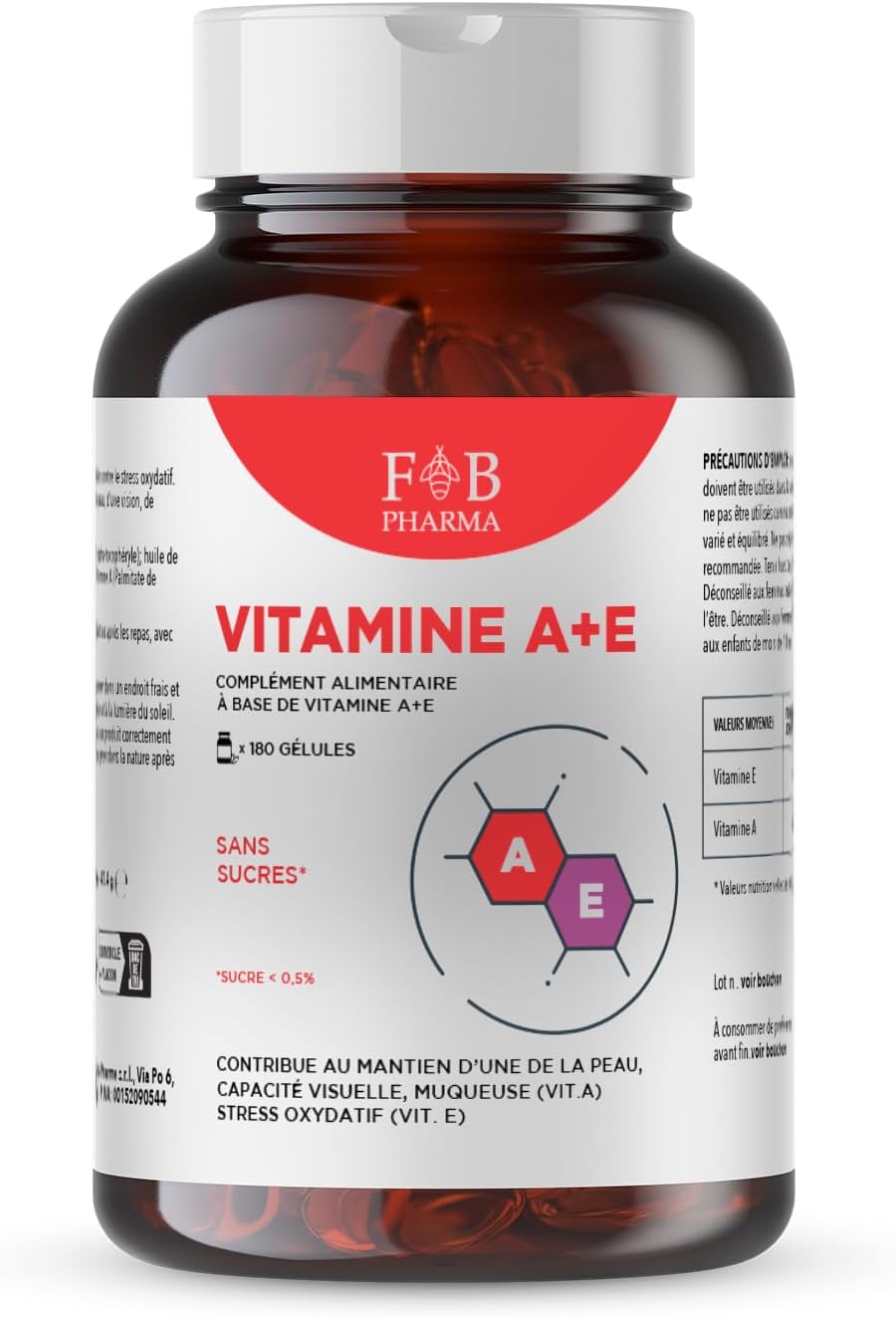 FB Pharma Vitamin A 1000mcg + Vitamin E 47mg 180 Soft Gel Beads for Maintaining Sight, Skin and Normal Hair