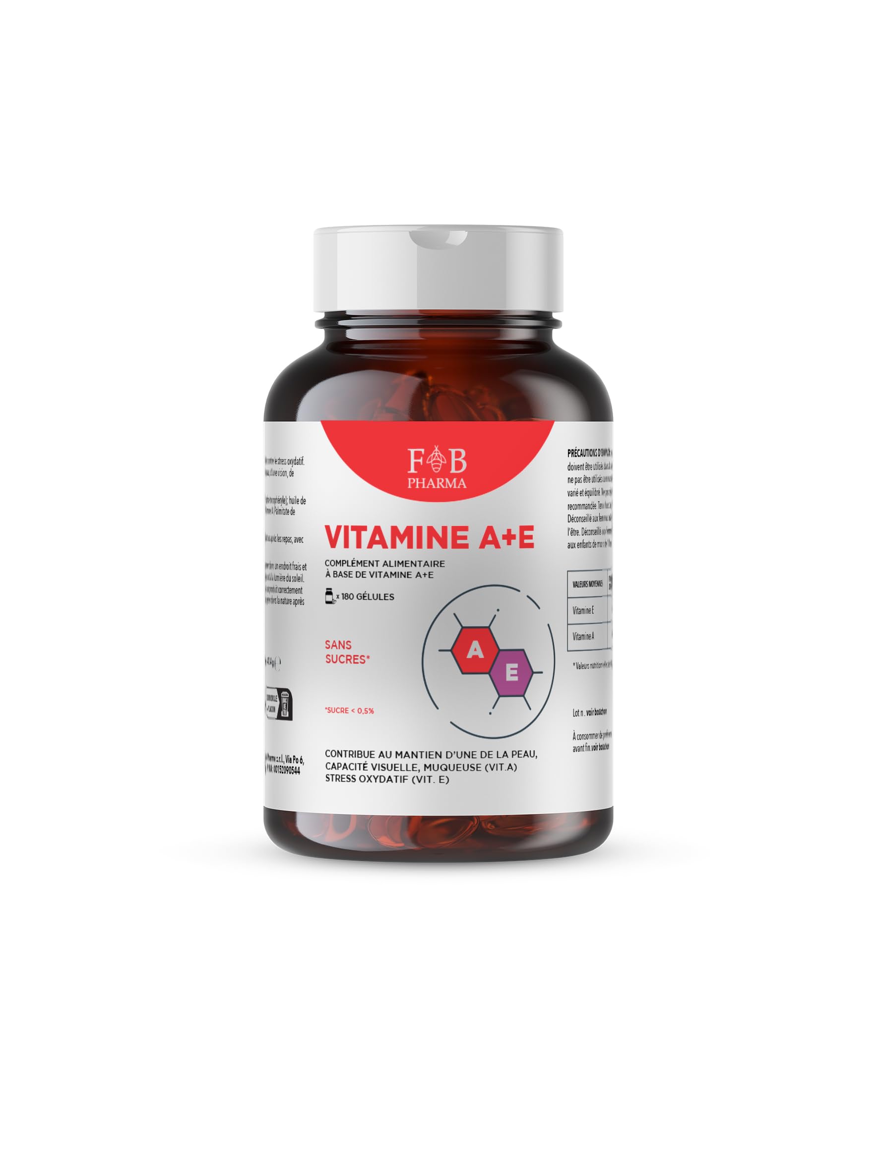 FB PHARMA - Complément alimentaire de VITAMINE A 1000mcg + VITAMINE E 47mg - 180 perles en SOFT GEL - pour le maintien de la VUE, de la PEAU et des CHEVEUX normaux