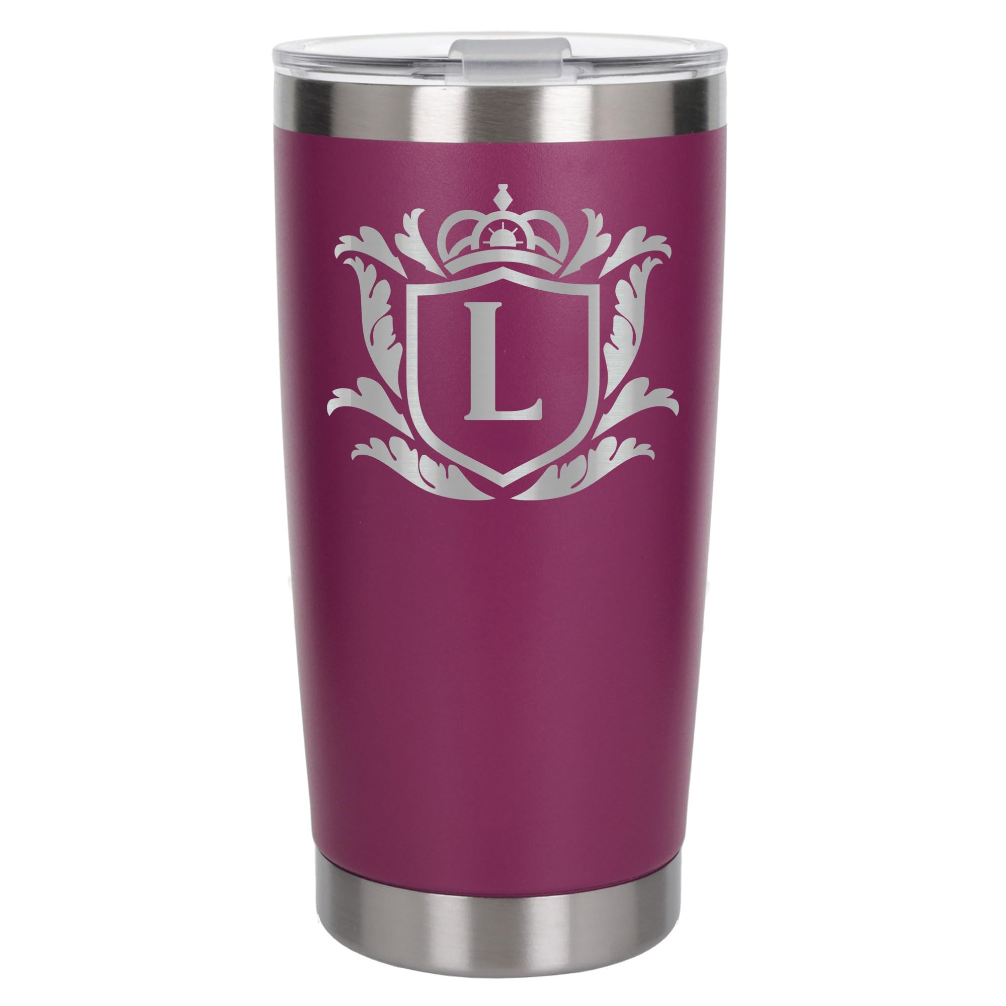 Customised Gifts 500ml Engraved Shield Initial Monogram Insulated Personalised Dark Pink Travel Mug for Men and Women - Personalised Initial Coffee Travel Mug for Hot and Cold Beverages, Letter L