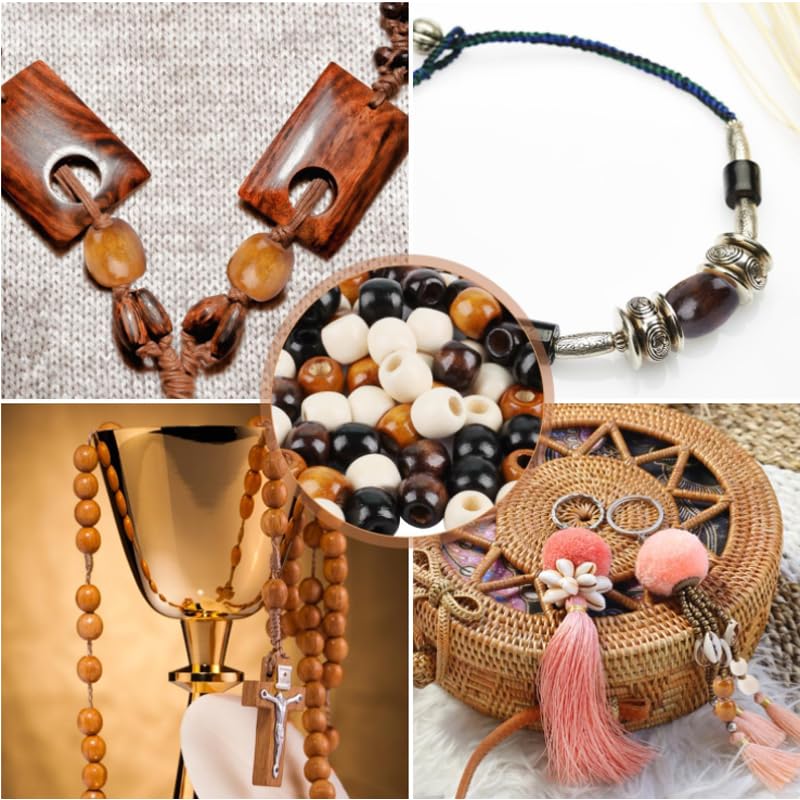 400 Perline Di Legno Naturali | Foro Grande 4-5mm | Per Macramè, Gioielli E Fai Da Te | 4 Colori - Foto 4