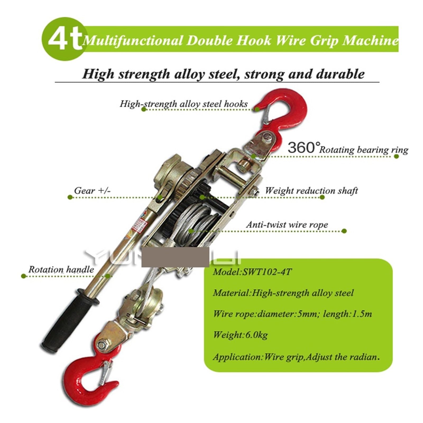 Dispositivo de agarre de alambre de doble gancho multifuncional, tensor de Cable Universal de carga segura 4T, tensor de Cable de doble gancho SWT102(2T)