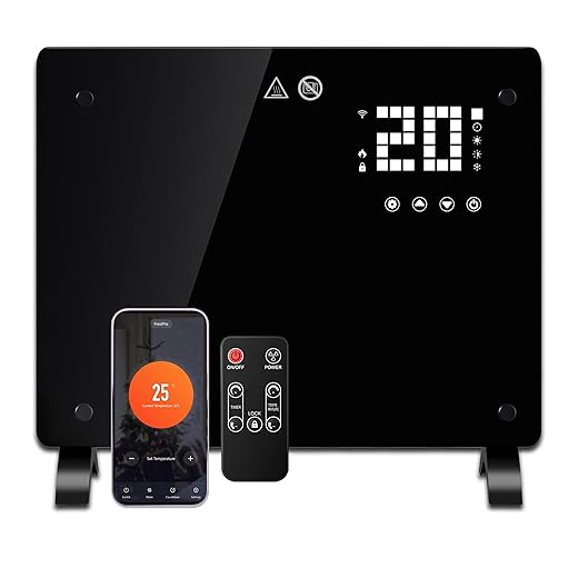 DONYER POWER 1000W Small Convector Heater, Ultra-thin Wall-mounted or Freestanding, 24H Timer Remote Controlled Operated with WIFI Connection, Black Glass Panel