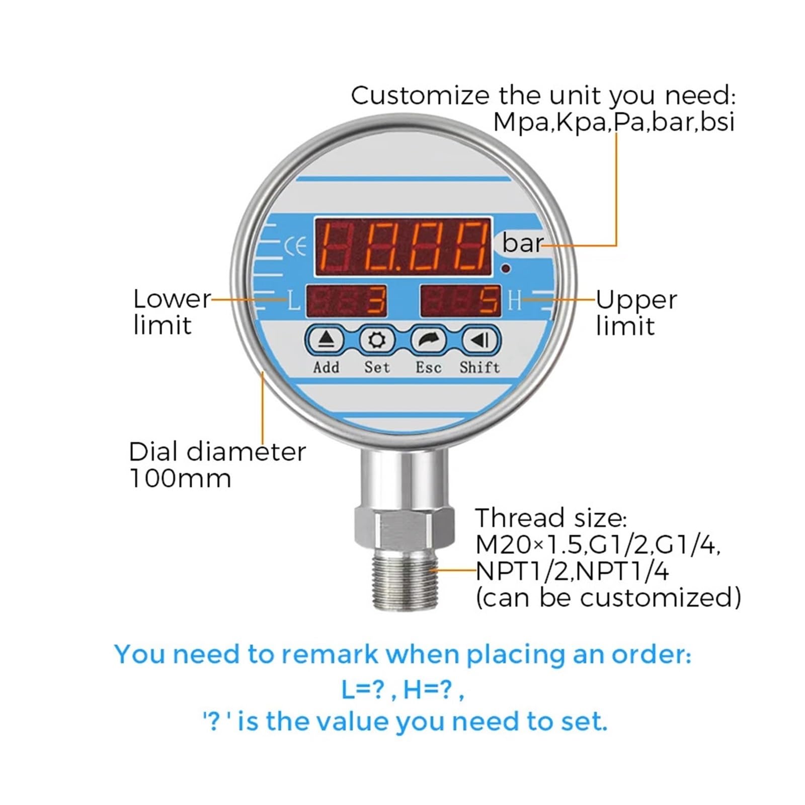Manometro, Contatto elettrico Manometro Acqua Gas Sensore di pressione 'olio Limite superiore e inferiore Display a LED Uscita di commutazione di controllo 24 V CC(NPT1-2 DC24V,0-16bar)