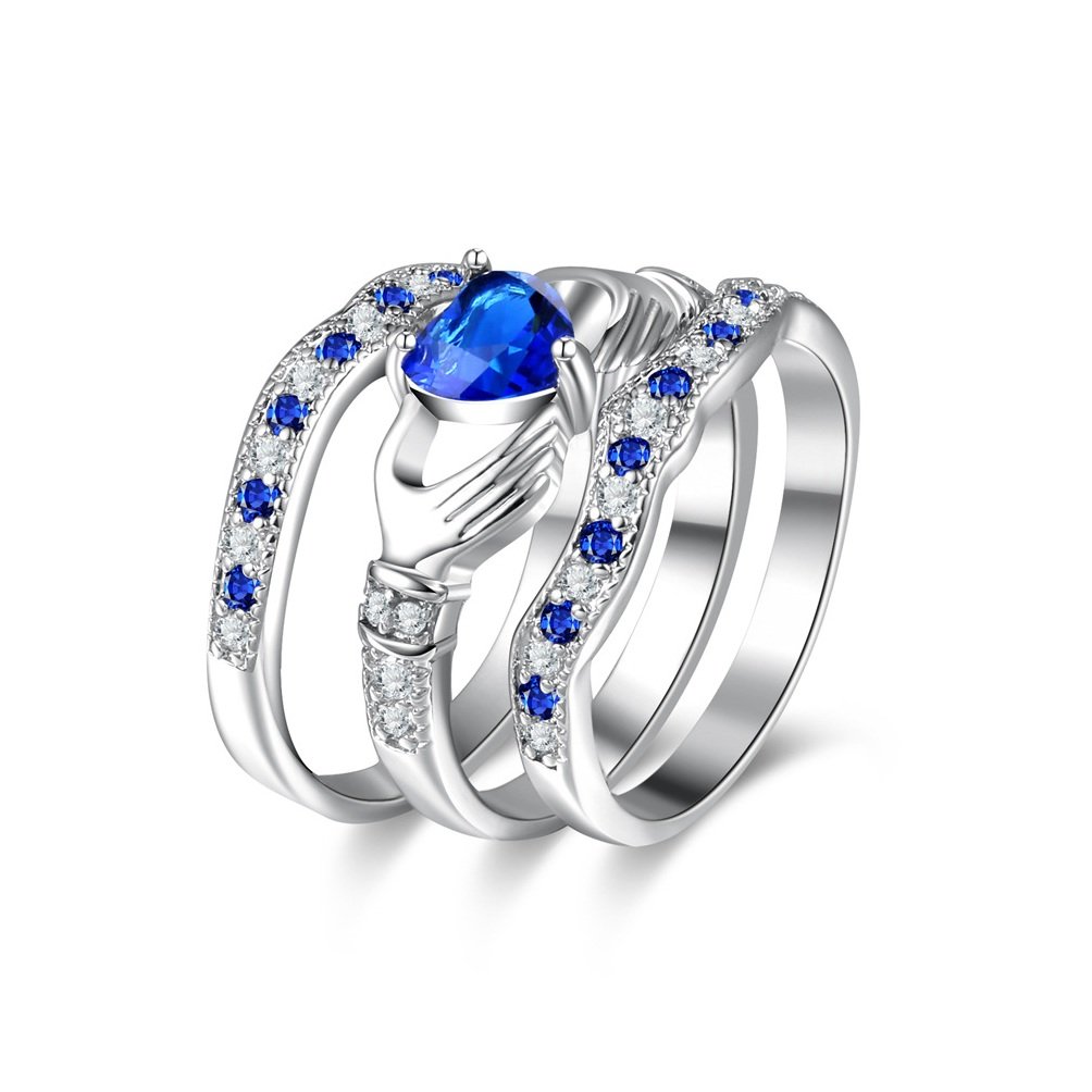 Uloveido3 Piece Stackable Blue Heart Rings Set, Lab Sapphire CZ Cubic Zirconia Rings, Irish Claddagh Love Engagement Wedding Jewellery Sets HR314-6