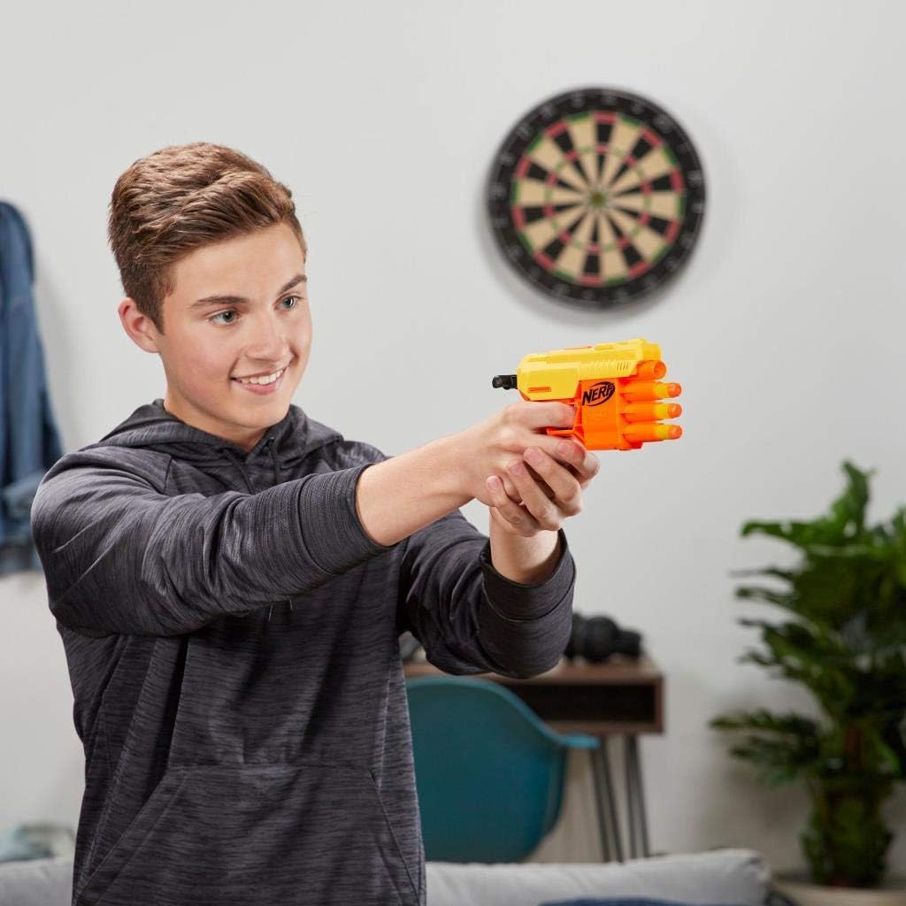 A person holding the Nerf Alpha Strike Fang QS-4 Blaster, aiming forward.