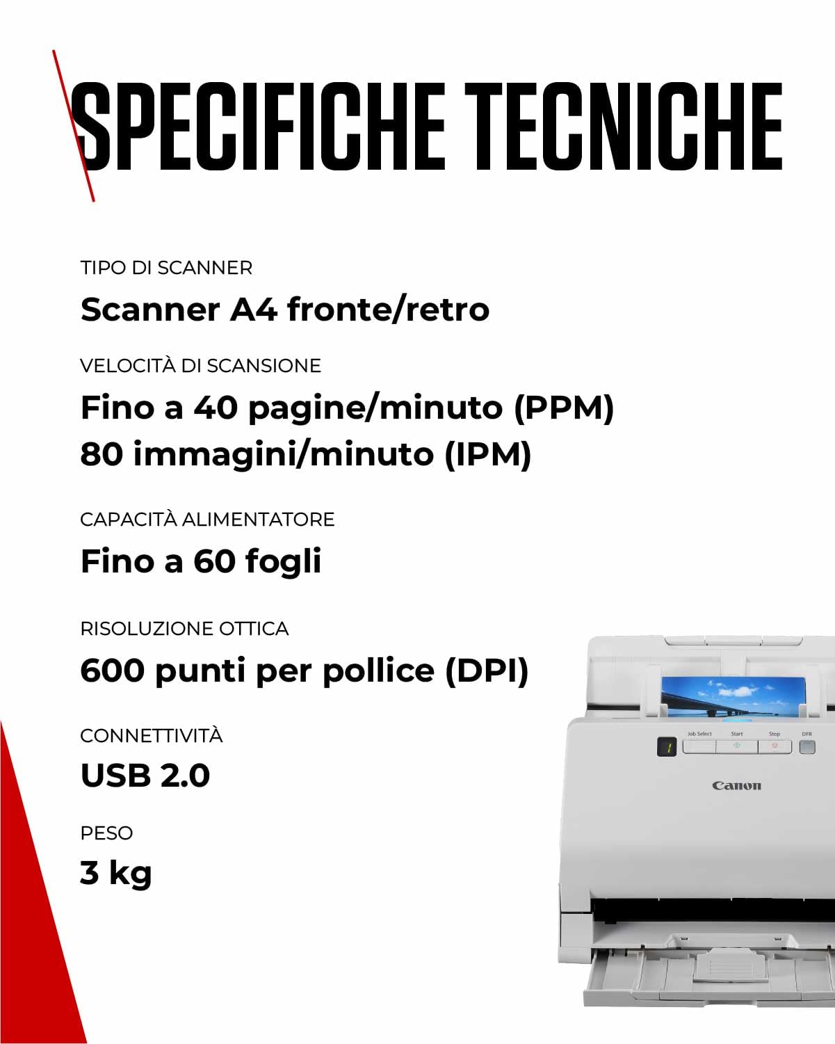 Canon Scanner Foto e Documenti imageFORMULA RS40 | Scanner Fronte-Retro con USB per Casa e Ufficio | Correzione Automatica Foto e Occhi Rossi | Software CaptureOnTouch Canon