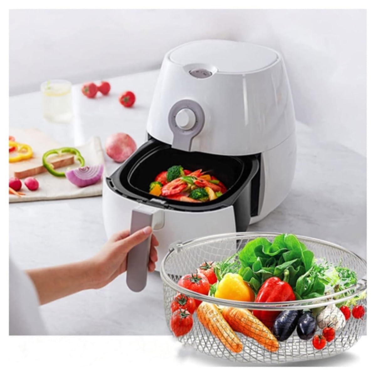 Cestini per Alimenti Famiglia Cestello in Rete for friggitrice ad Aria, Maniglia for cestello for Cottura a Vapore in Acciaio Inossidabile Cestello Friggitrice