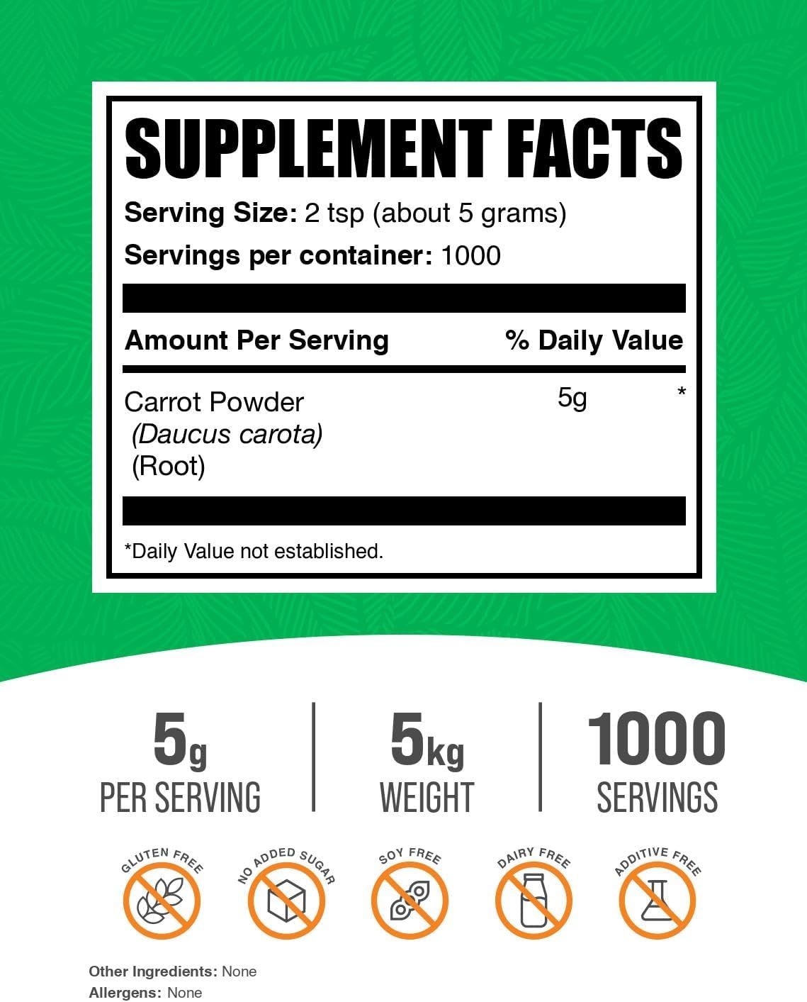 BulkSupplements.com Carrot Powder - Superfood Powder Supplement, Carrot Supplement - for Smoothies & Baking, Vegan & Gluten Free, 5g per Serving, 5kg (2.2 lbs) (Pack of 5)