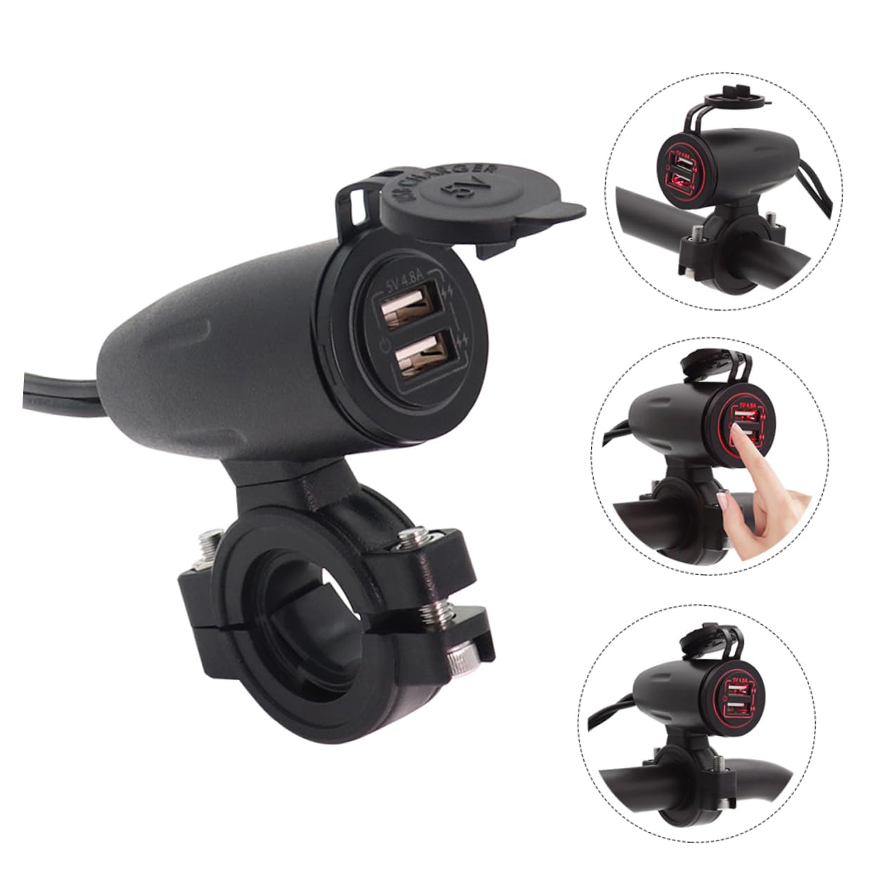 BIUDECO Dual USB Car Charger 4.8a Fast Charging 18awg Thick Cable Waterproof Cover On/Off Switch 1.2m for Motorbike