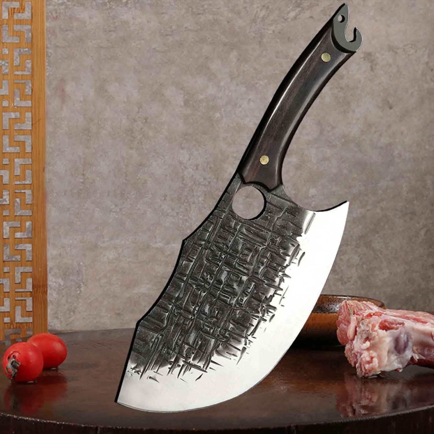 Muxel Metzgermesser Hackmesser Fleischerbeil schwer mit gebogener extradicken Klinge mit Lederscheide. Ideal für Deine Outdoor Abenteuer