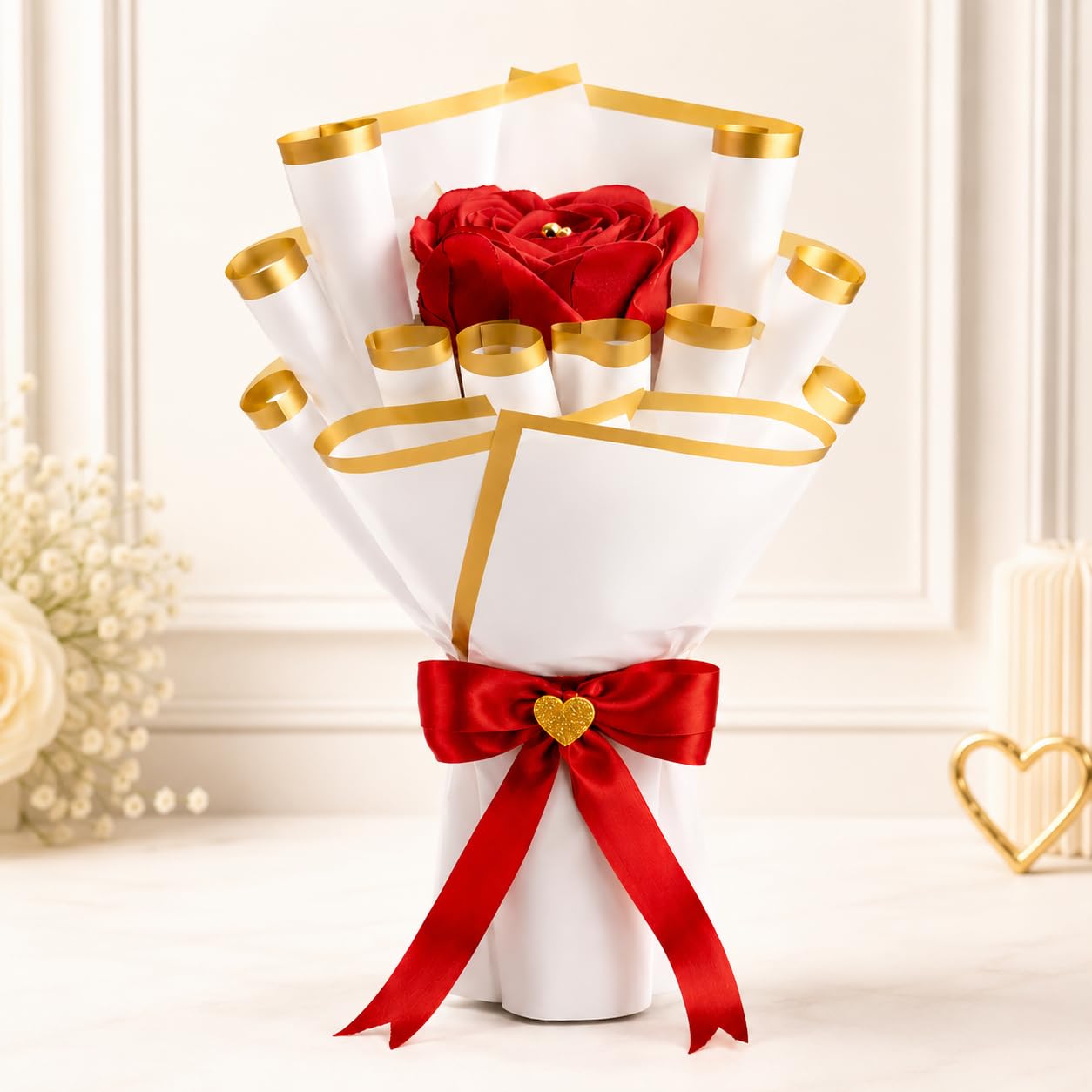 Luxury Red Rose Bouquet with White and Gold Korean Wrapping, Red Satin Ribbon, Perfect for Valentine's Day, Anniversaries, Proposals-image-21