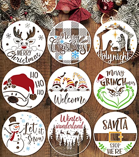 9 Pcs Christmas Stencils Reusable 12X12 Inch Round Large Christmas Stencils for Painting on Wood Sign Front Door Hanger Xmas Home Decor