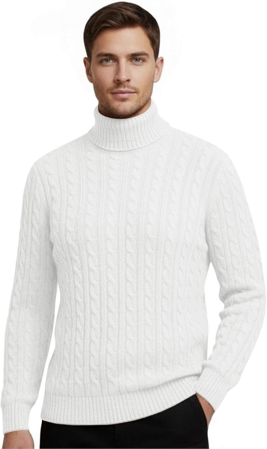 Janisramone® Mens High Polo Roll Neck Jumper, Long Sleeve Cable Knitted Pullover Mens Sweater, Casual Turtle Neck Jumper White