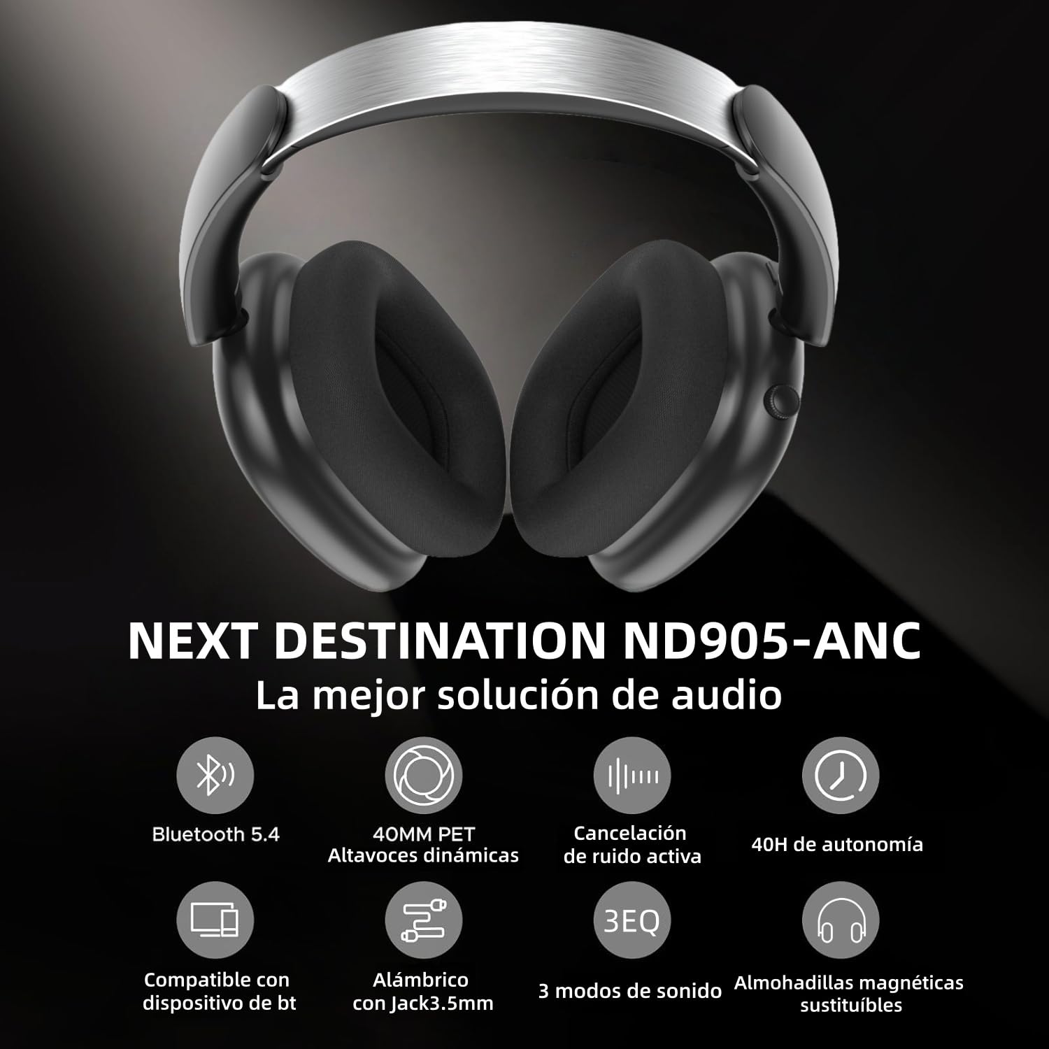 Next Destination ND905-ANC Auriculares Inalámbricos de Diadema Bluetooth 5.4 Cancelación de Ruido Activa 40H Autonomía Bajo Potente Cascos con Micrófonos para Llamadas Almohadas Magnéticas Negro