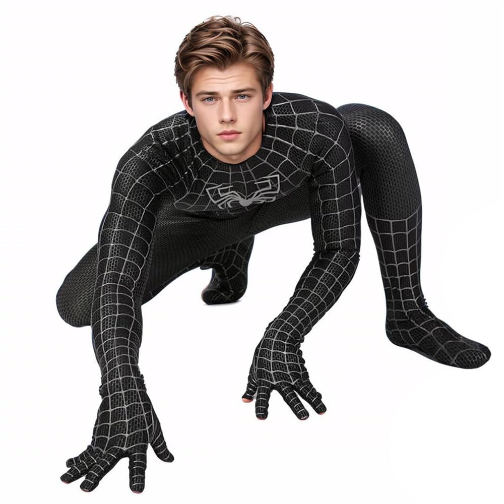 Halloween Superhero Costume Cosplay Black Bodysuit Jumpsuit Zentai Onesie Outfit Dress Up for Mens Kids