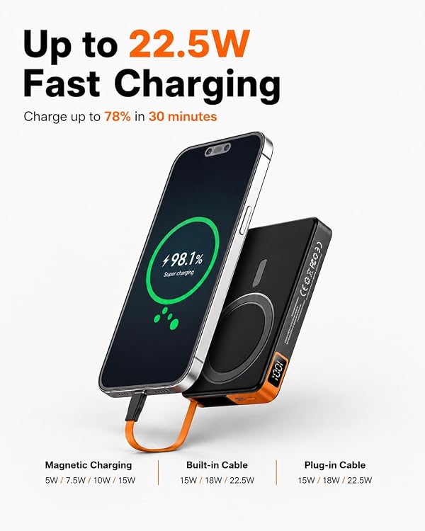 for Magsafe Power Bank iPhone, USB C Magnetic Portable Charger Fast Charging Built in Cable, 10000mAh Wireless Battery Pack for iPhone18/17/16/15/14/13/12, Travel & Daily Use Essentials Powerbank by Ntaanoo - Used condition - Image 3