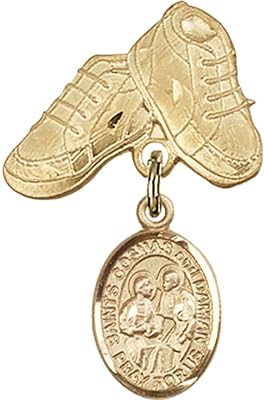 14kt Yellow Gold Baby Badge with Sts. Cosmas & Damian Charm and Baby Boots Pin 1 X 5/8 inches