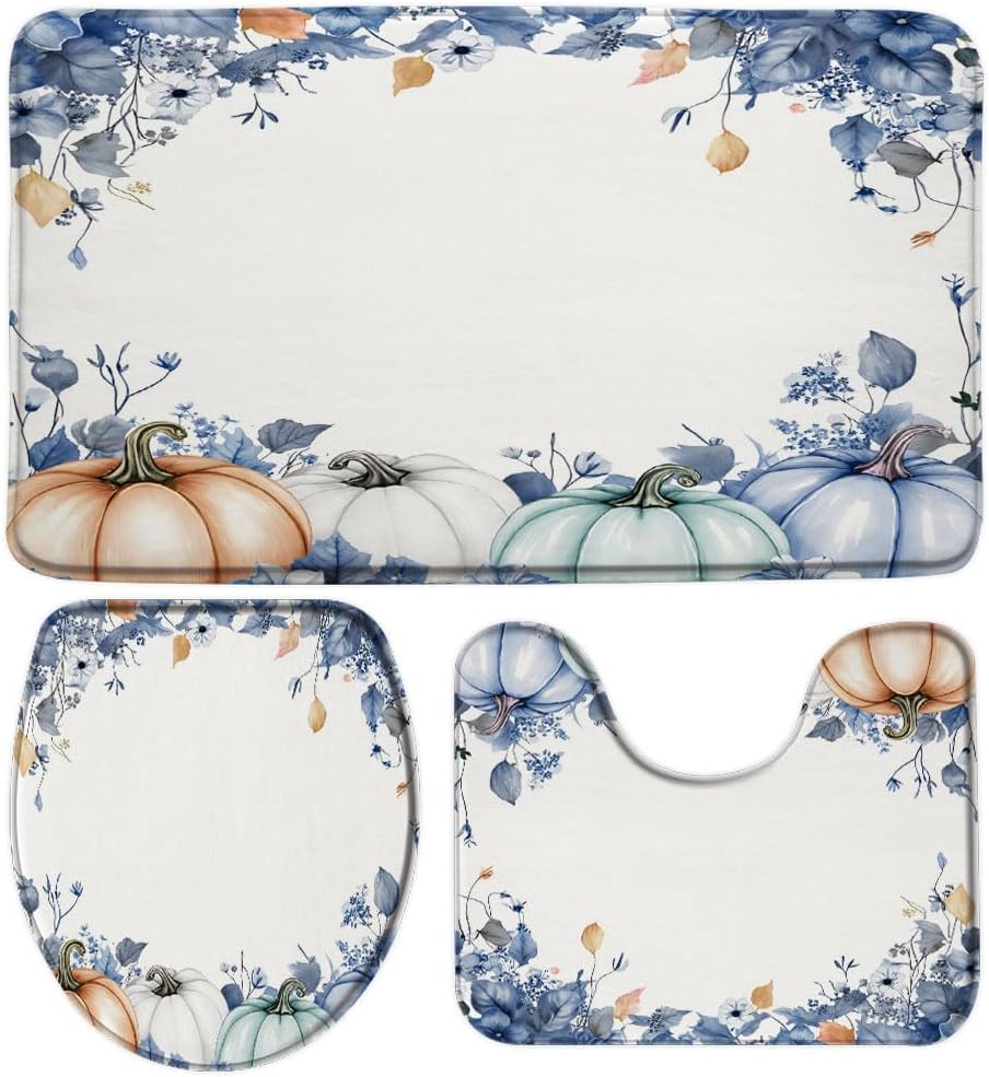 Fall Pumpkin Floral Bath Mat Orange and Blue Pumpkins Maple Leaves Thanksgiving Bathroom Rugs and Mats Sets 3 Piece, Memory Foam Bath Rug 20"x31", U-Shaped Contour Shower Mat Toilet Lid Cover