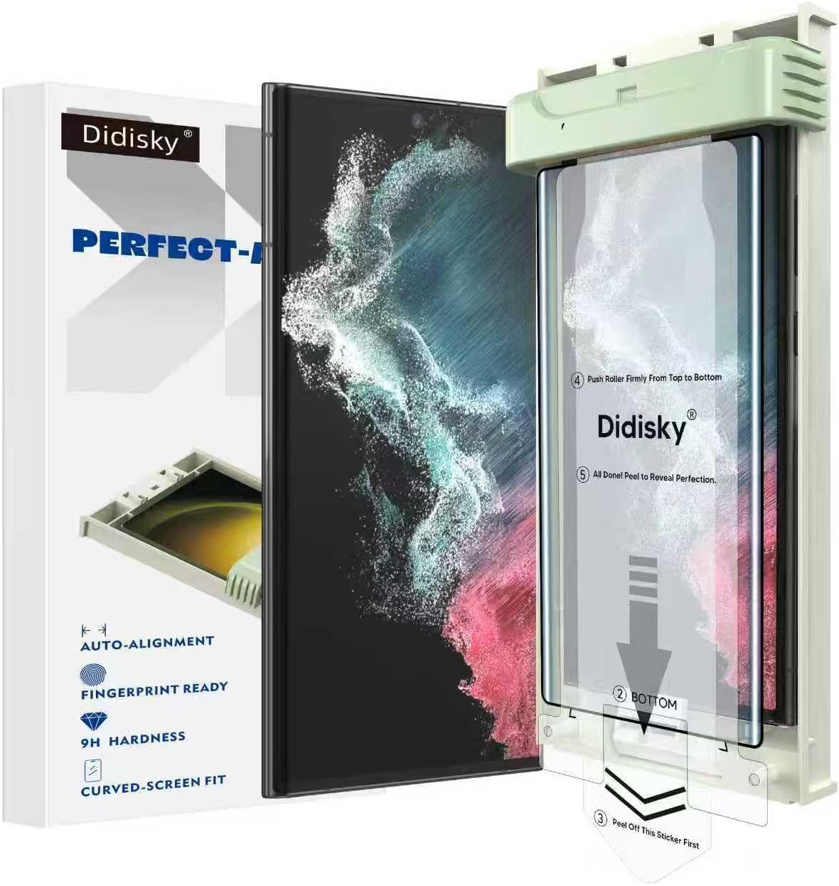 Didisky 2-Pack Tempered Glass Screen Protector for Samsung Galaxy S22 Ultra, Supports Ultrasonic Fingerprint, with Easy Installation Frame, 3D Curved Full Coverage,9H Hardness, Case Friendly, HD Clear