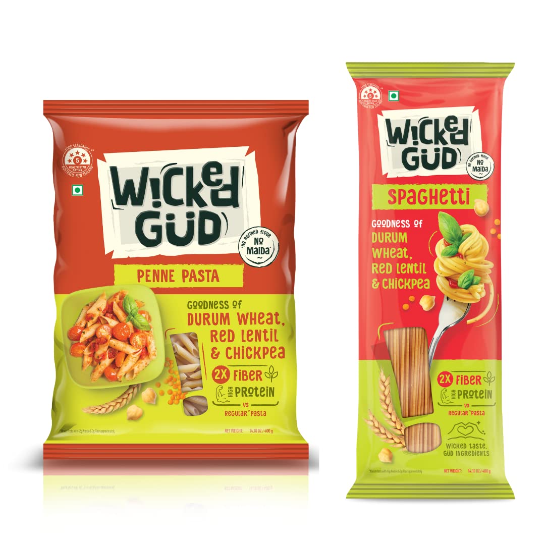 WickedGud 2X Fiber Penne & Spaghetti Pasta Combo | No Maida | Durum Wheat Semolina | Brown Rice | Red Lentils | Healthy Diet Pasta - 400gm x 2