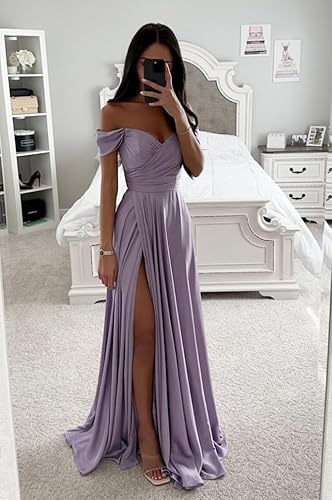 Miniatura 2 de PEIYJYUSP Vestidos de dama de honor de satén con hombros descubiertos para boda, largo, fruncido, acampanado, vestido de graduación formal con