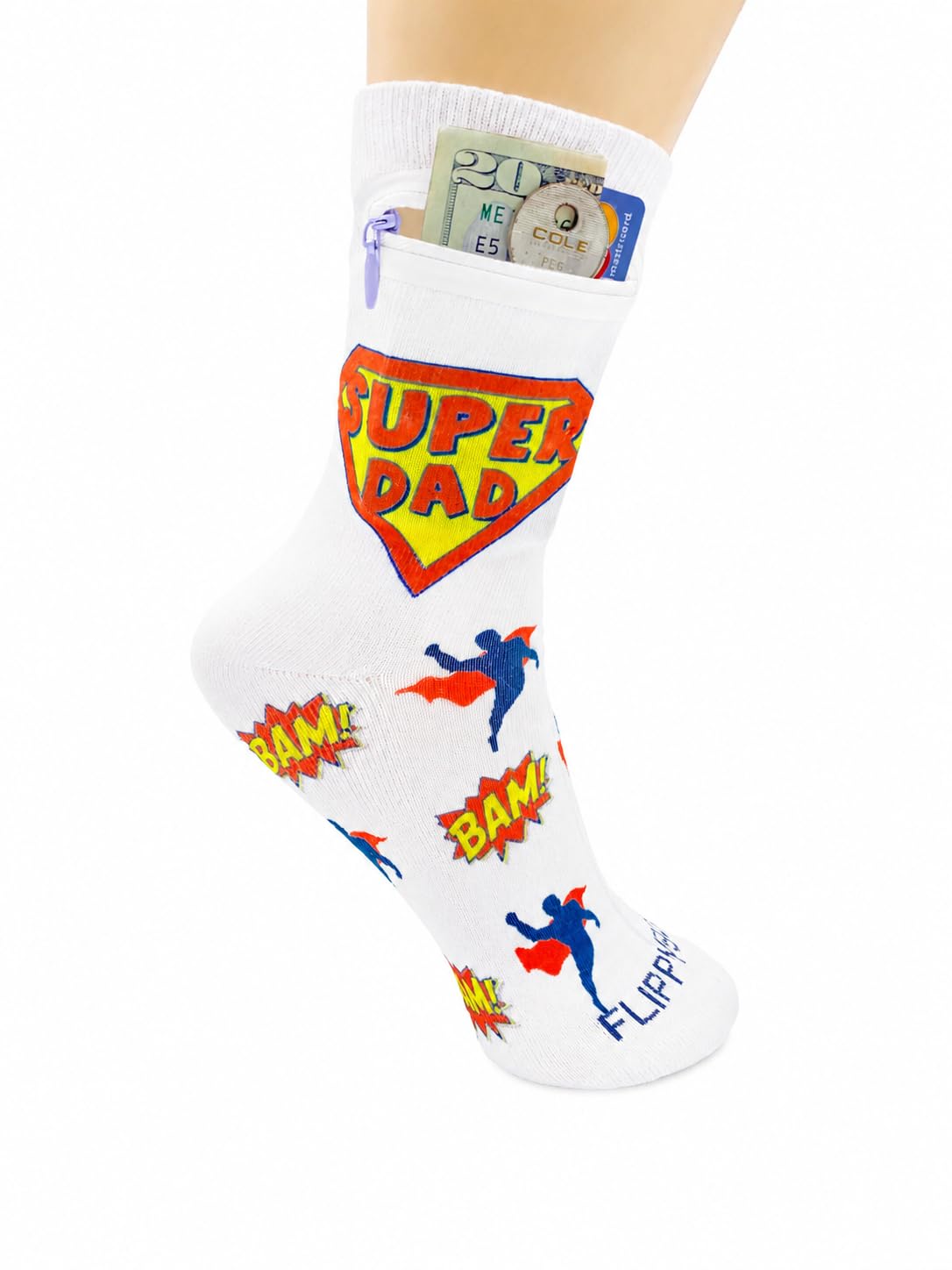 Zipper Sock Wallet - Cotton &amp; Polyester Zipper Socks with Pockets - Fits shoe size 6-13