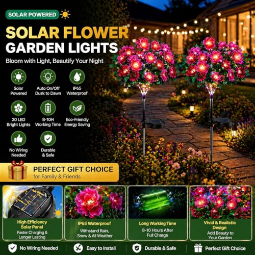 Solar Garden Lights Outdoor Upgraded Solar Flower Lights with 56 Colorful LED, IP65 Waterproof Solar Pathway Lights for Yard Patio Lawn Gardening Gifts for Holiday Birthday (2 Pcs Pink) - Image 3