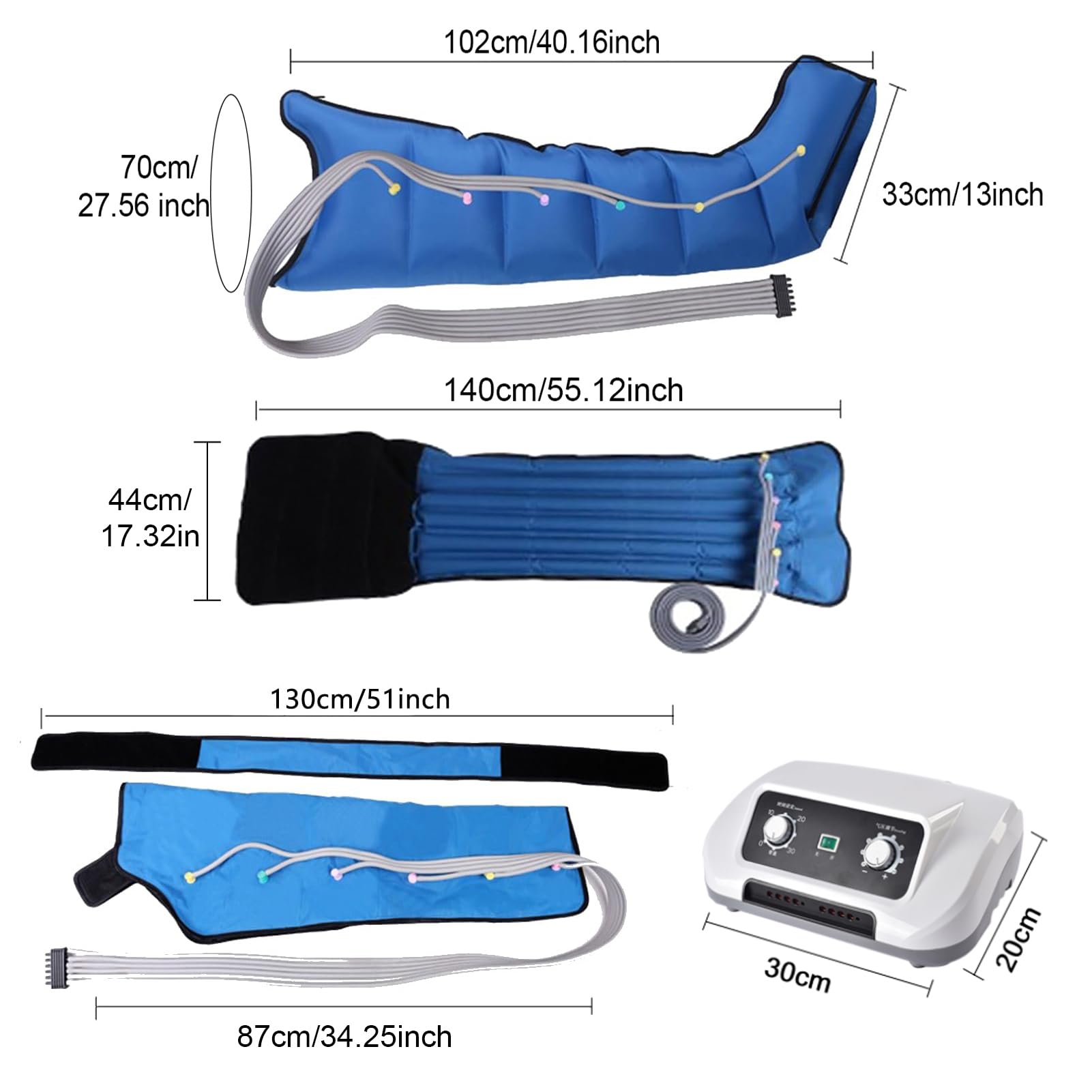 Generico Pressoterapia Professionale per Casa, 6 Camere Gambali Pressoterapia Linfodrenaggio Gambe Addome E Braccia, Massaggiatore per Rilassamento Total Body (Blue, XL 2 Legs + 2 Arms + Waist)