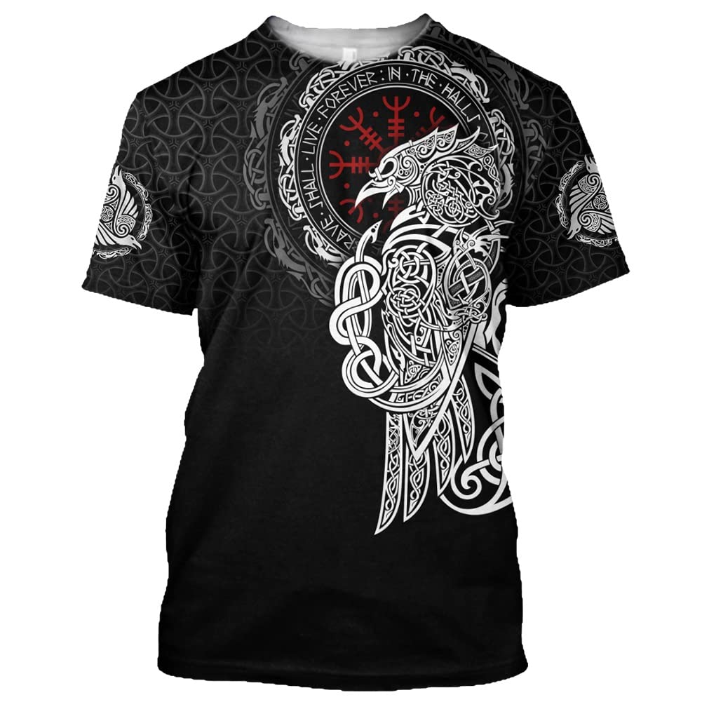 Dfwy Unisex Crow C Men's Viking Celtic Crow T-Shirt Tops, Norse Myth Odin Raven Tattoo Tee 3D Print Novelty Harajuku Short Sleeve