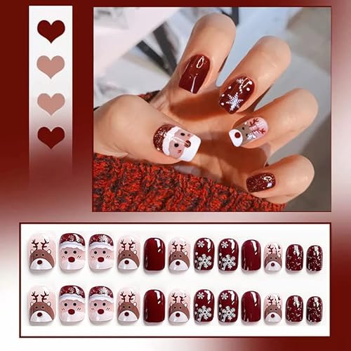 Christmas Short Square Press On Nail Snowflake Red Fake Nails Glitter Elk Snowman False Nail Glossy Acrylic Full Cover Nails Tips Christmas Gift Nail Accessories For Women And Girls 24Pcs #TOP1