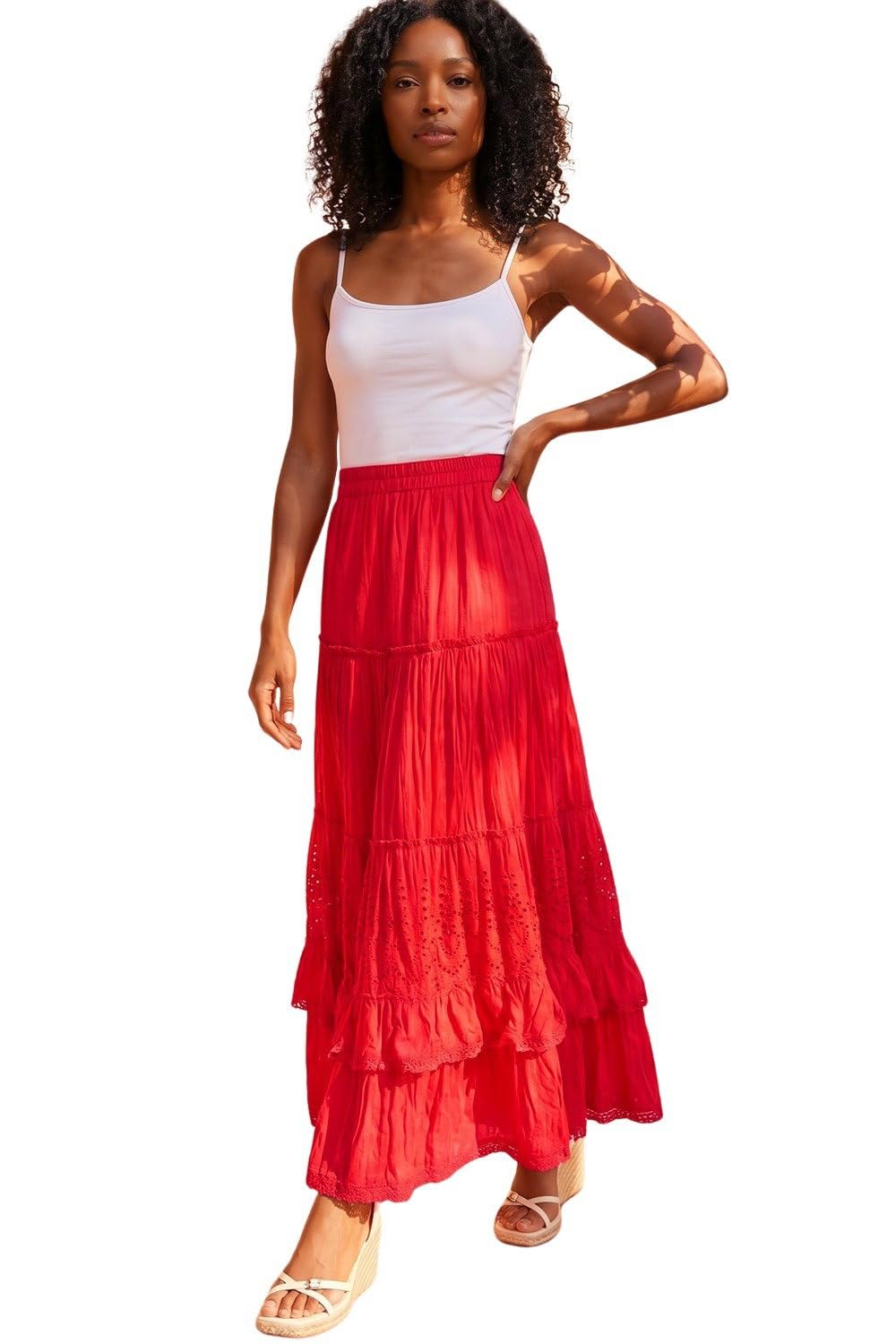 Roman Women's Red Broderie Tie Maxi Skirt Size 16