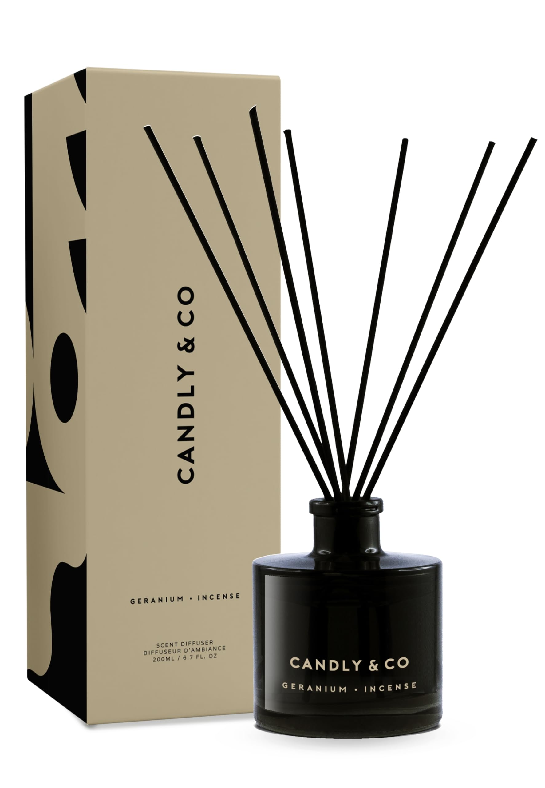 Candly&Co No. 1 Geranio – Bastoncini di incenso/Bastoncini profumati di lusso/Bottiglia in vetro fumé/8 bastoncini/200 ml/Geranio, incenso, rosa, legno orientale, ambra, muschio bianco