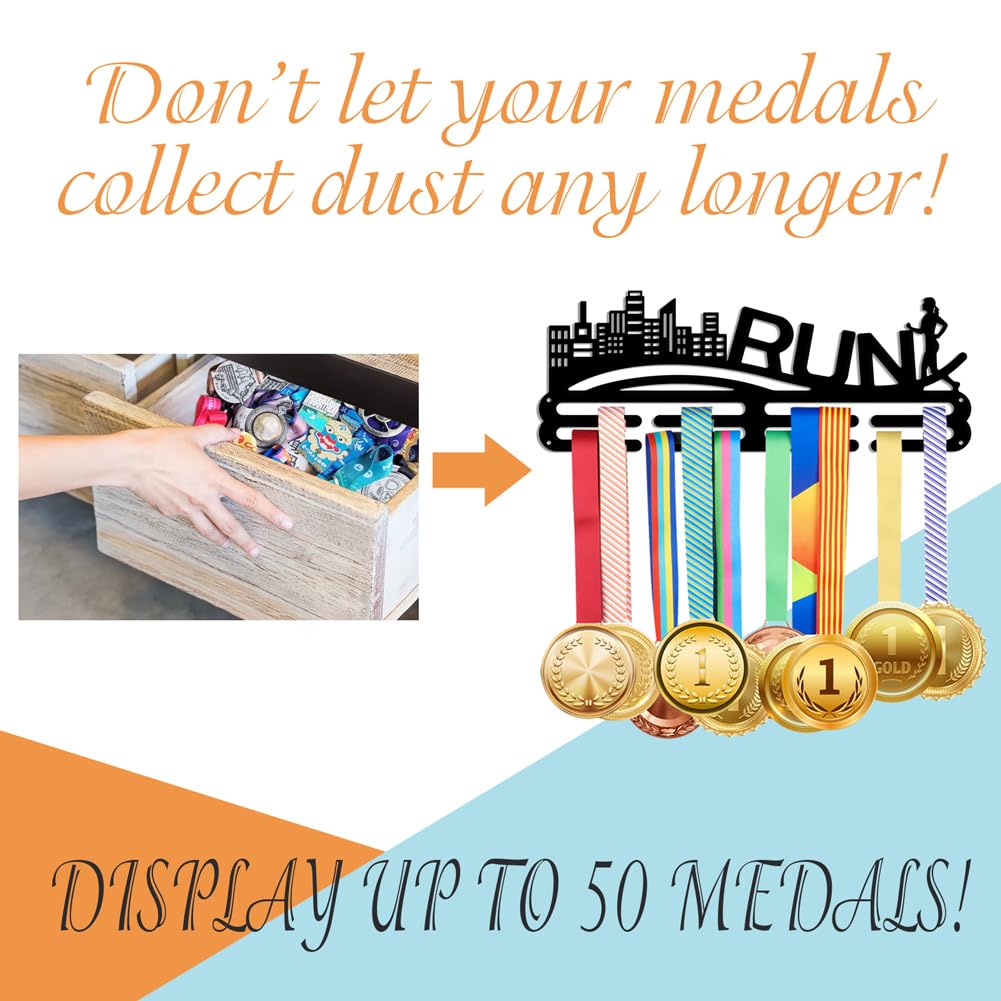NBEADS Exhibición de Colgador de Medallas para Correr, Soporte de Pared de Metal Motivational Running Sports Medal Holder Y Lanyard Ribbon Display Holder Rack para 50+ Medallas Gran Regalo
