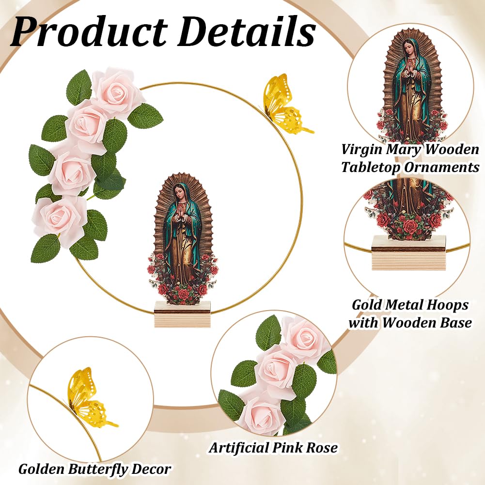 FREEBLOSS Lot de 12 centres de table de baptême pour centre de table comprenant 12 anneaux floraux, 12 supports en bois, 12 figurines Notre Dame de Guadalupe pour décoration d'intérieur, fête, mariage
