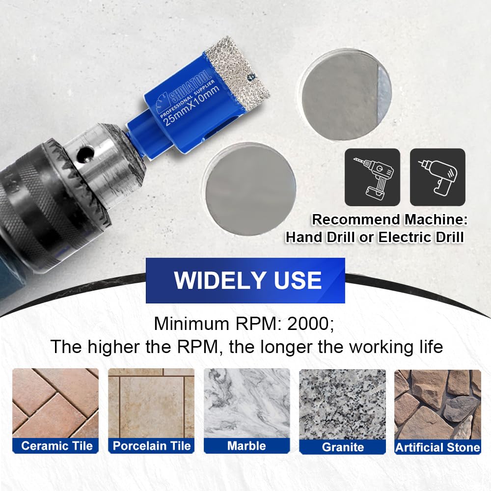 SHDIATOOL Diamond Drill Core Bits 5 Pieces 5/16 Inch Cutter and SHDIATOOL Diamond Core Drill Bits 2PCS 1/4 Inch for Porcelain Ceramic Tile Marble Brick Vacuum Brazed Hole Saw 6mm