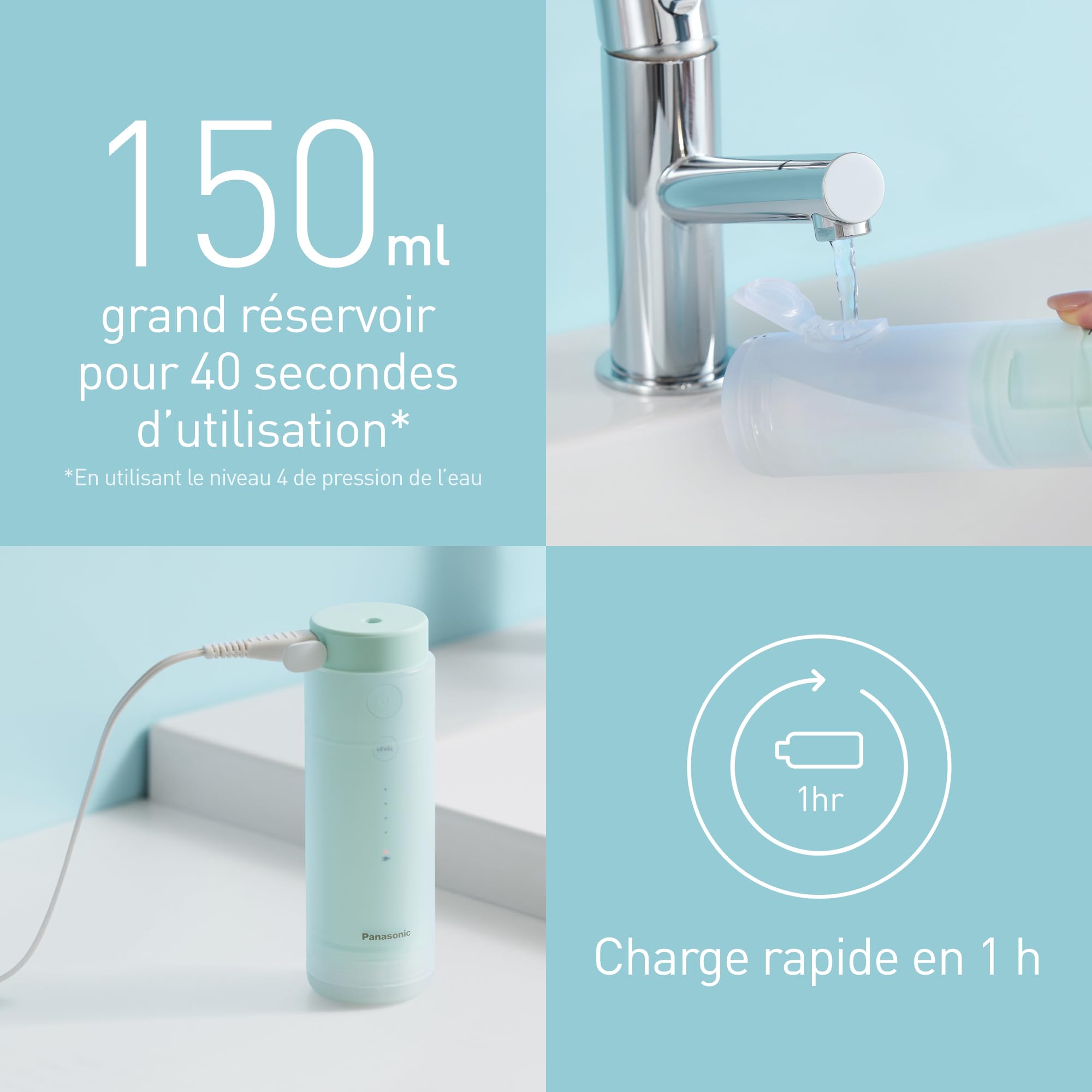 Panasonic EW-DJ4B l’hydropulseur Rechargeable avec Technologie Ultrasonique, Réservoir d'eau de 150 ml, Recharge Rapide en 1 Heure