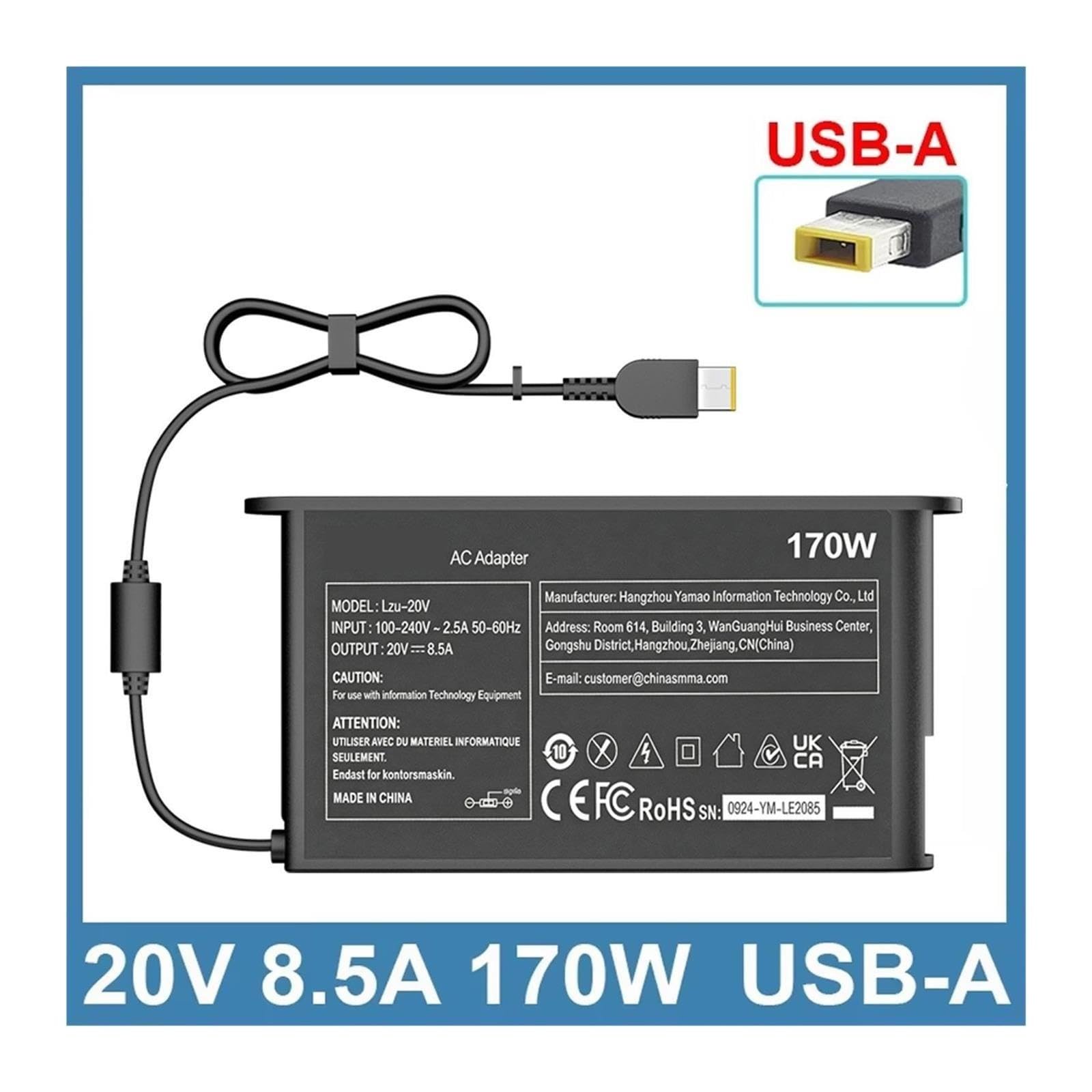 Adaptador De Vuelta De USB-A De 20V, 8,5a, 170W, Potencia De Carga for Y7000 Y7000P R720-15 ADL170SLC3A W540 T540p Y50-70 T440p P50 P51, Cargador De Ordenador Portátil(with EU Cable)
