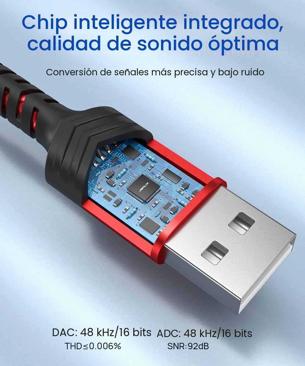 JSAUX Tarjeta De Sonido Externa USB, Adaptador USB a Jack 3,5mm Audio, Sonido Estéreo Convertidor Auxiliar para Auriculares y Micrófono Compatible con PS5/4, Linux, computadora portátil, PC-Rojo