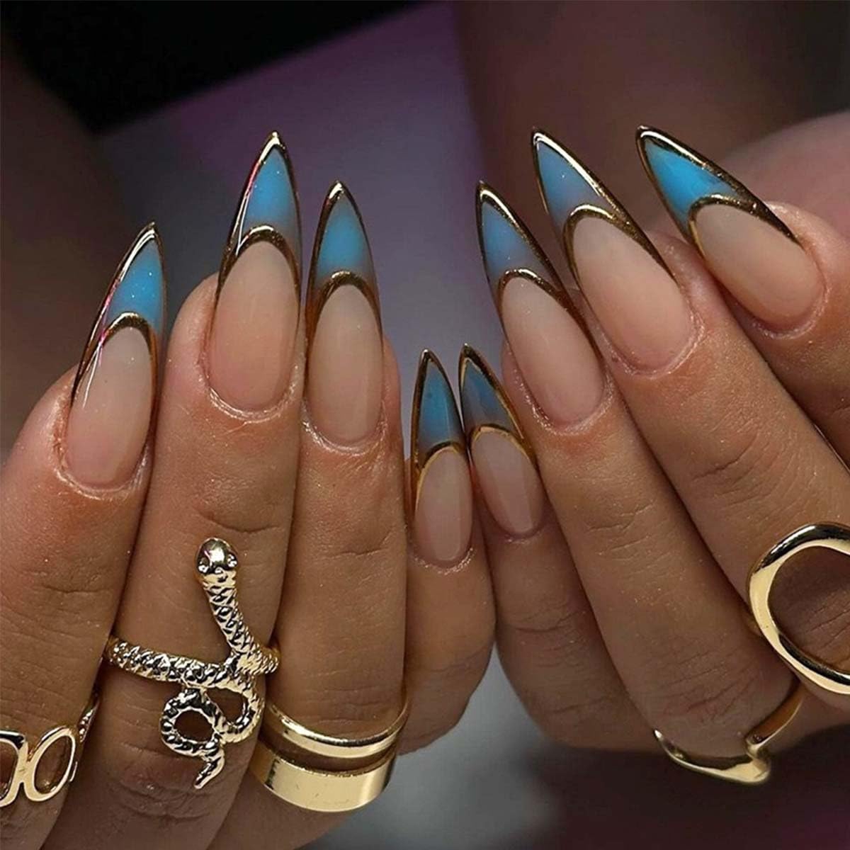 Photo 1 of 24pcs Blue French Tips Press On Nails Stiletto Fake Nails With Gold Design Long False Nails Full Cover Artificial Glossy Acrylic Glue On Nail Stick On Nail For Women