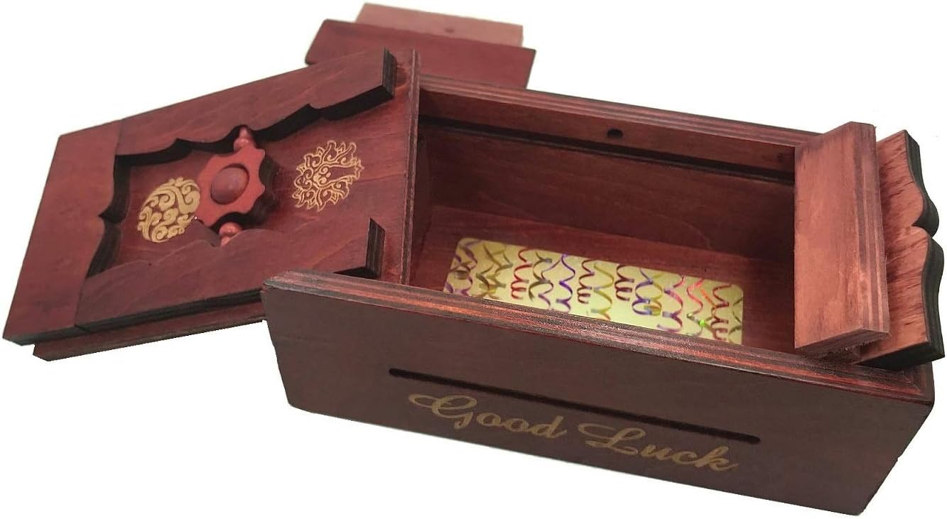 Good Luck Puzzle Box Secret - Money and Gift Card Holder in a Wooden Magic Trick Lock with Hidden Compartment Piggy Bank Brain Teaser Game : Toys & Games